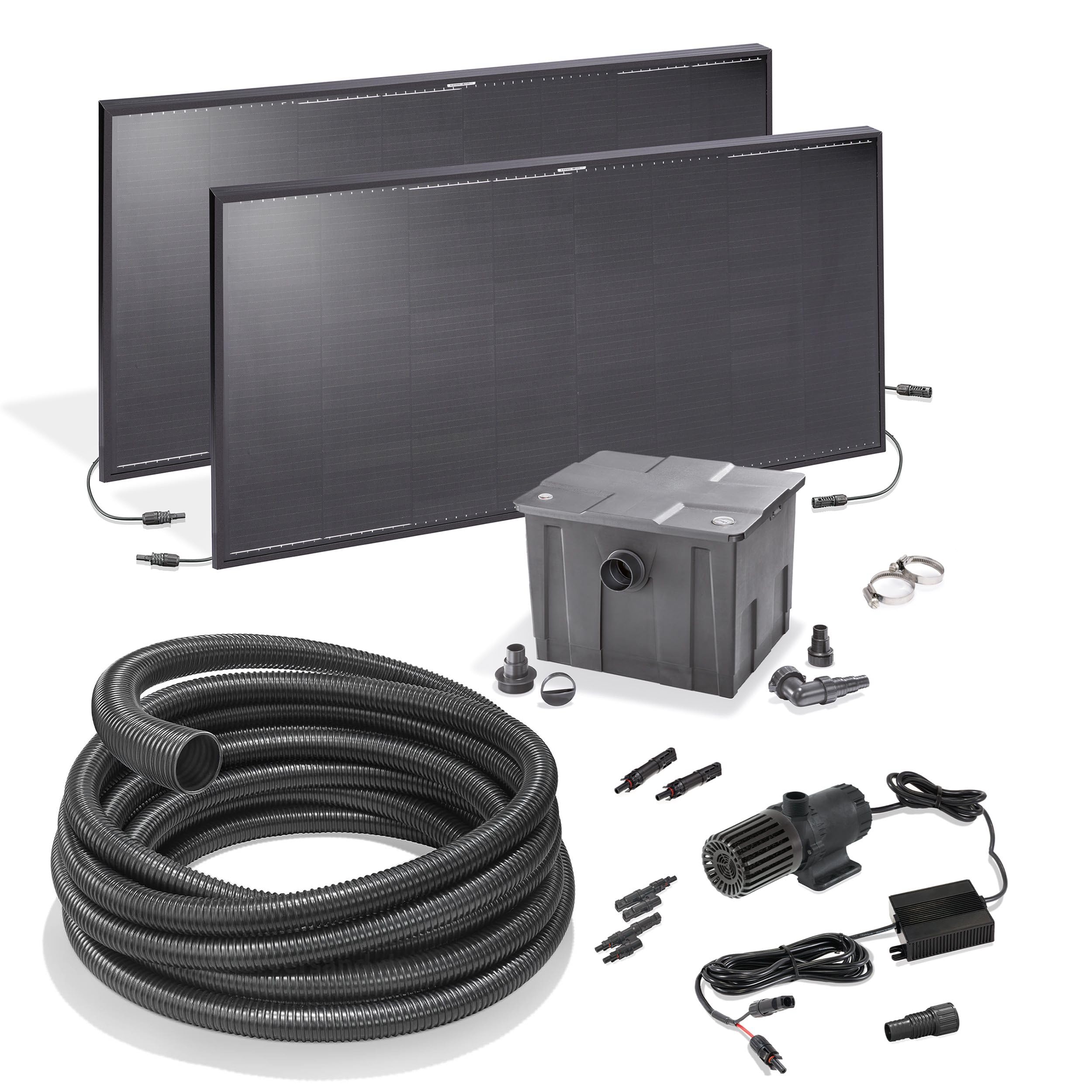 Esotec Solar Teichfilter-Set Premium 270/8000, Teichfilter Komplettset 8000l/h, 4-Stufen-Filterung, 2 Solarmodule 270 W, Teichpumpe mit Filter für Gartenteich 101270