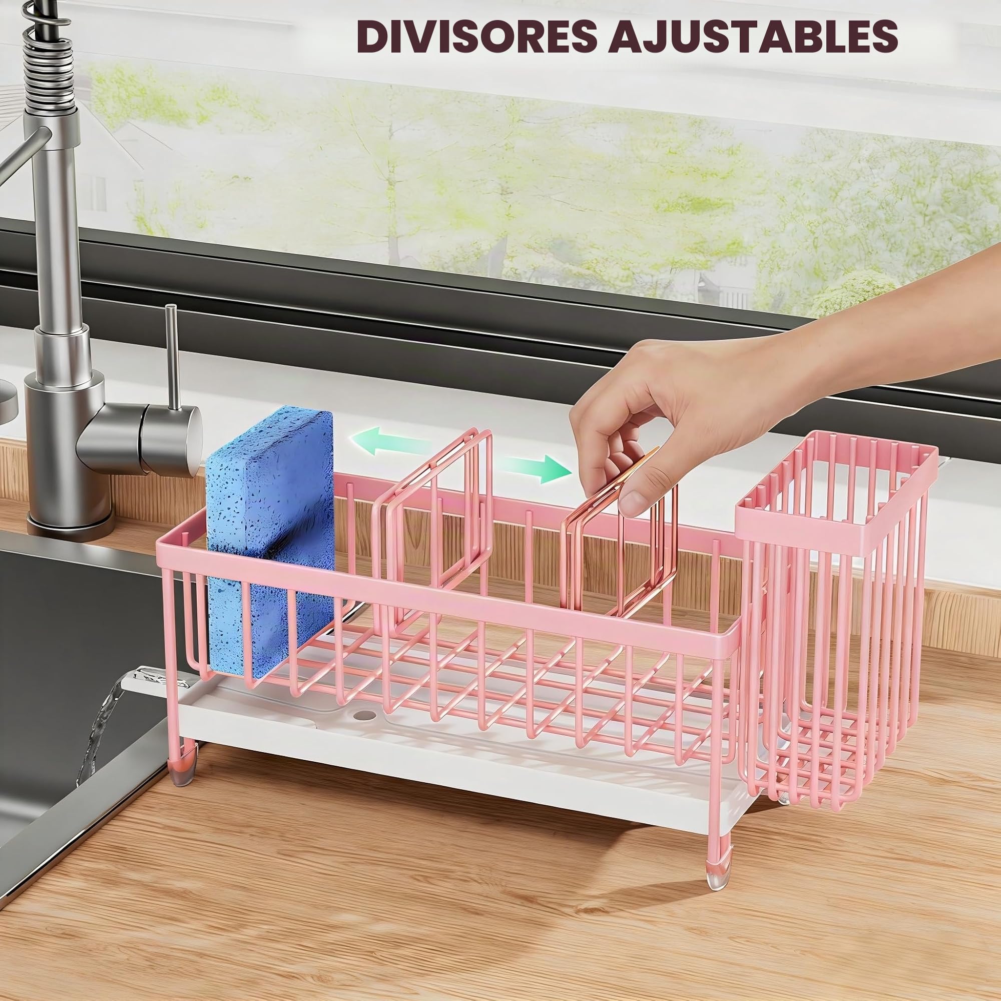 Cisily Soporte de Esponja Rosa para Fregadero de Cocina, Organizador de Fregadero con Soporte Alto para cepillos, encimera de Cocina, Acero Inoxidable 304, dispensador de jabón, organizadores de