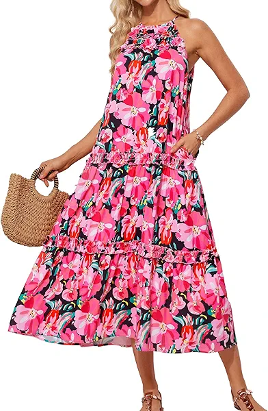 GRACE KARIN Women's Maxi Boho Dress Casual Summer Loose Long Floral Sundresses Flowy Halter Tiered Beach Vacation Outfits