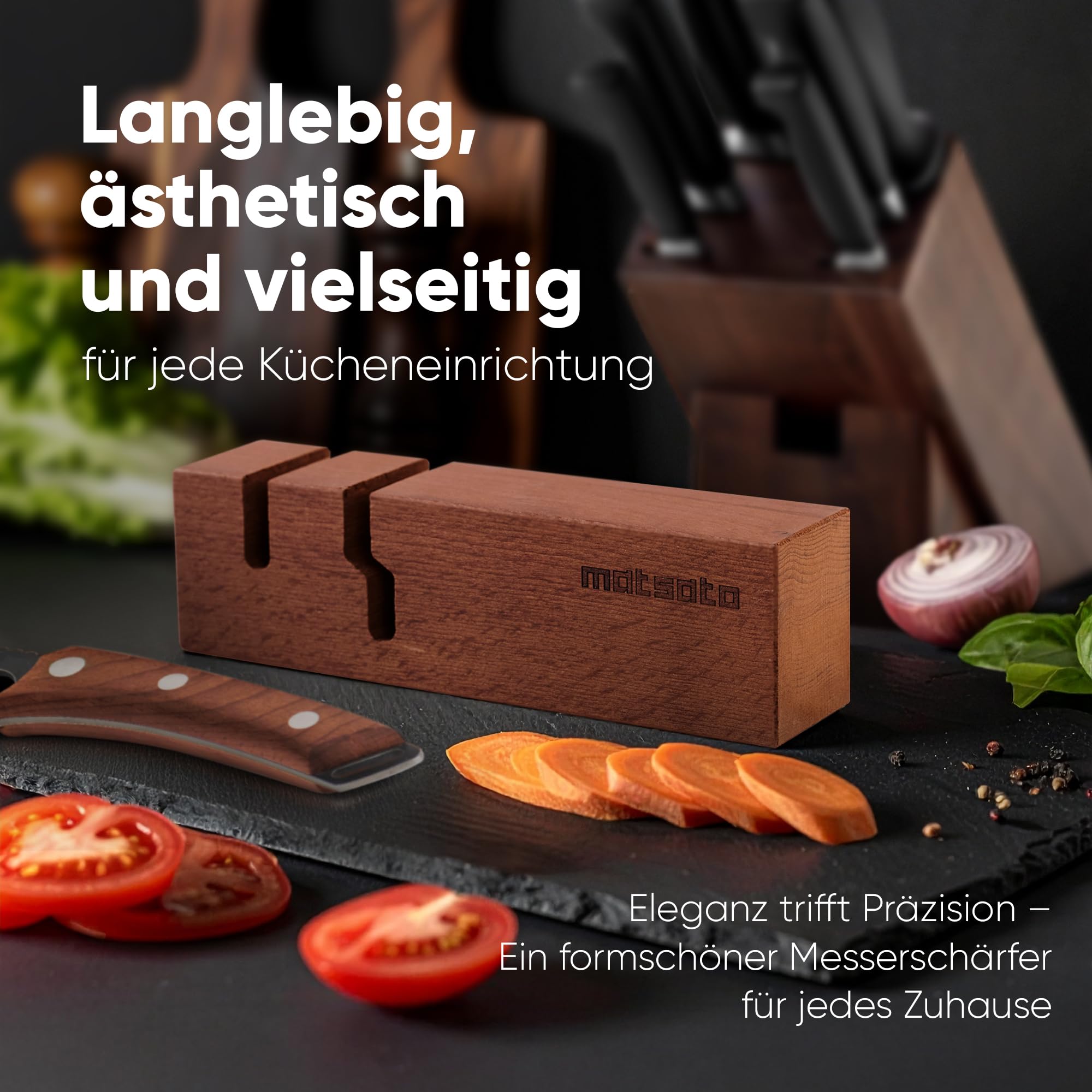 Matsato Messerschärfer 2-in-1 – Schärfgerät für Küchenmesser & Scheren, Keramik-Schleifstäbe, Buchenholz, Knife Sharpener