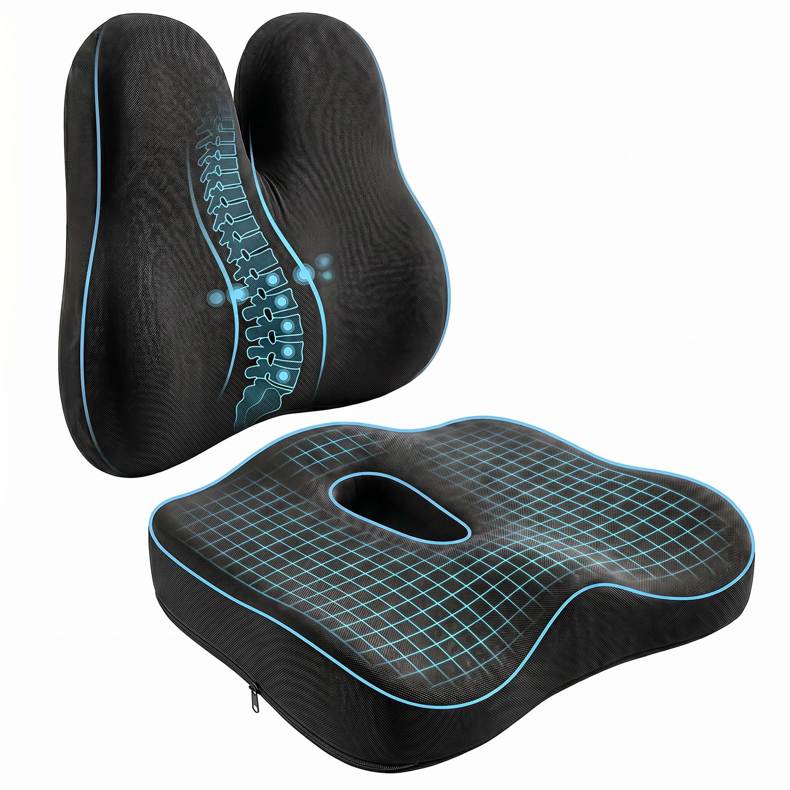 Seat Cushion and Lumbar Support - Memory Foam Chair Cushion and Back Support for Tailbone & Back Pain Relief Ergonomic Coccyx Cushion for Home Office Wheelchair Car Seat Cushions for Driving, Black