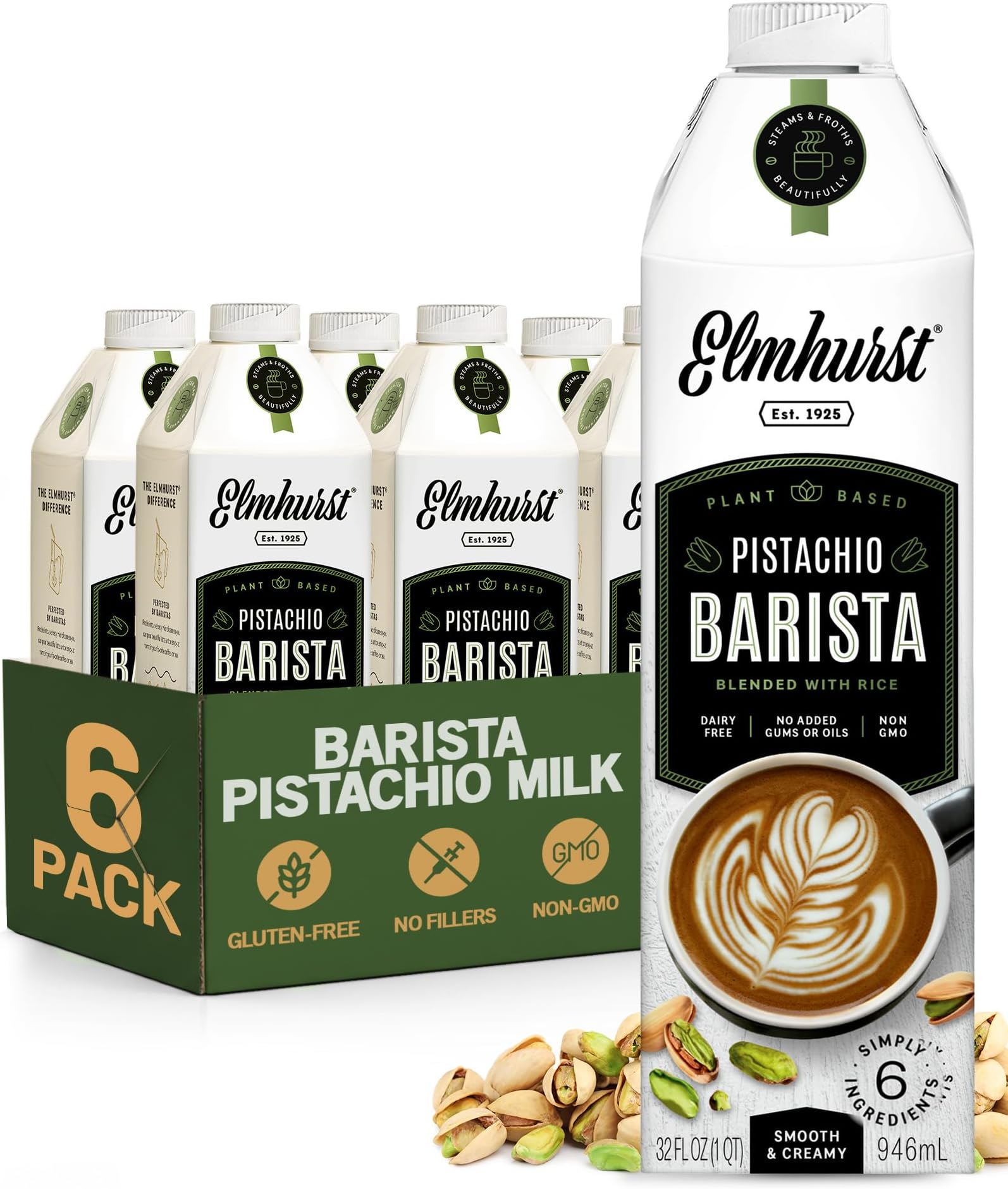 1925 Pistachio Milk Barista Edition – 32 Ounce (Pack of 6) Plant-Based, Vegan, Dairy-Free, Non-GMO, Kosher, Froths for Lattes & Iced Coffee, 3g Protein per Serving, Simple Ingredients