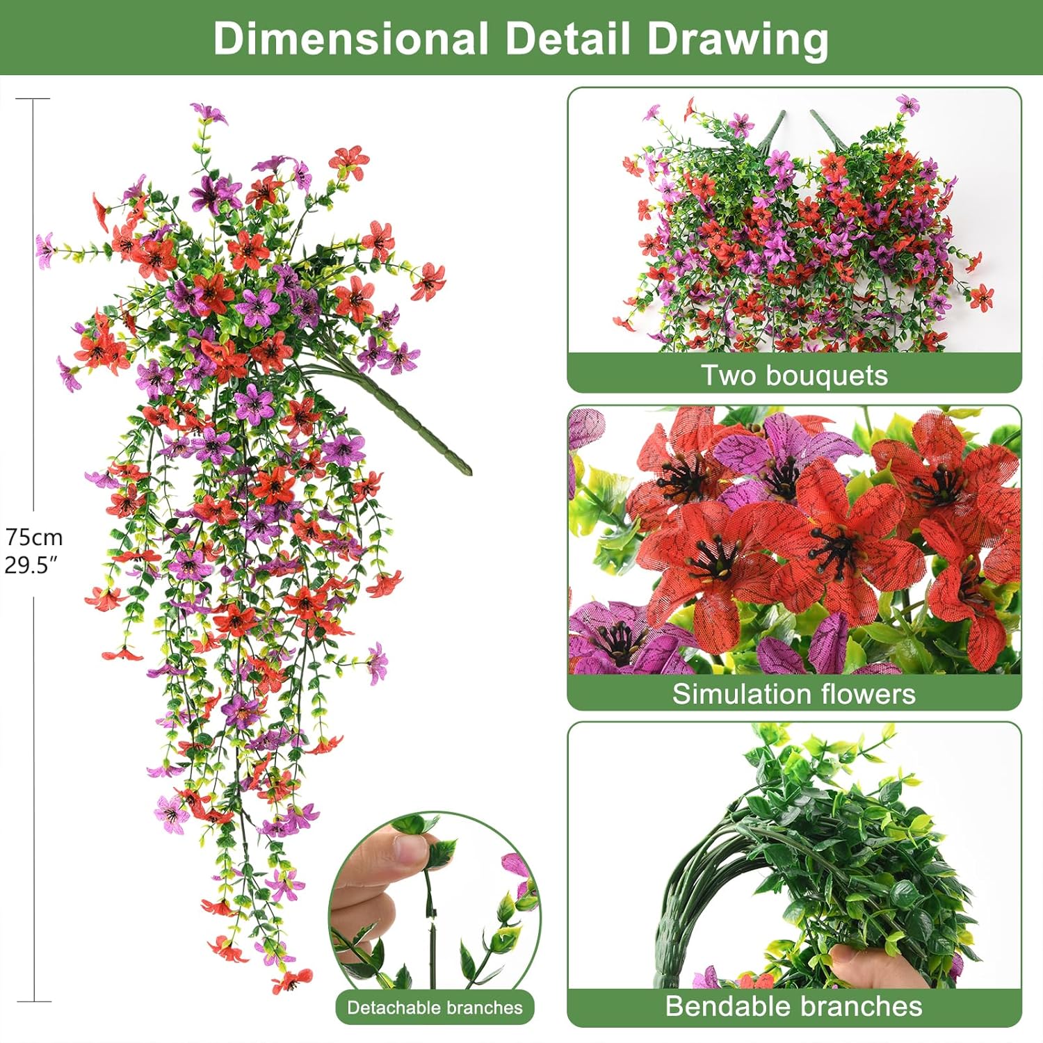 Artificial Hanging Flowers Plants for Outdoor Spring Decoration,2 PCS Faux Silk Daisy with Eucalyptus Leaves,UV Resistant Look Real for Outside Home Indoor Planter Porch Patio Balcony Yard Decor - Image 2