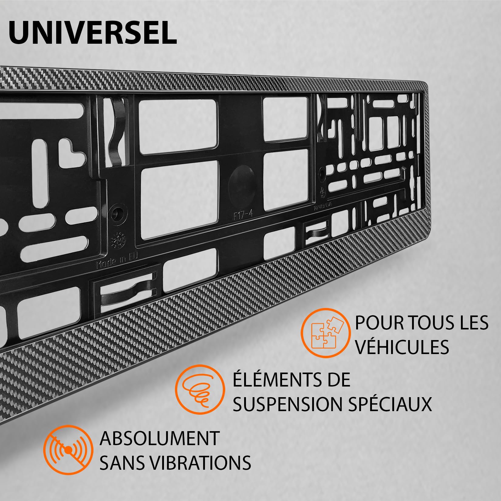 Lot de 2 - Supports de Plaque d'Immatriculation Voiture - [Simple, Rapide & sûr] - Porte Plaque Immatriculation pour Voiture - Auto Fixation pour Plaque - 52x11cm Discret Universel - Optique Carbone