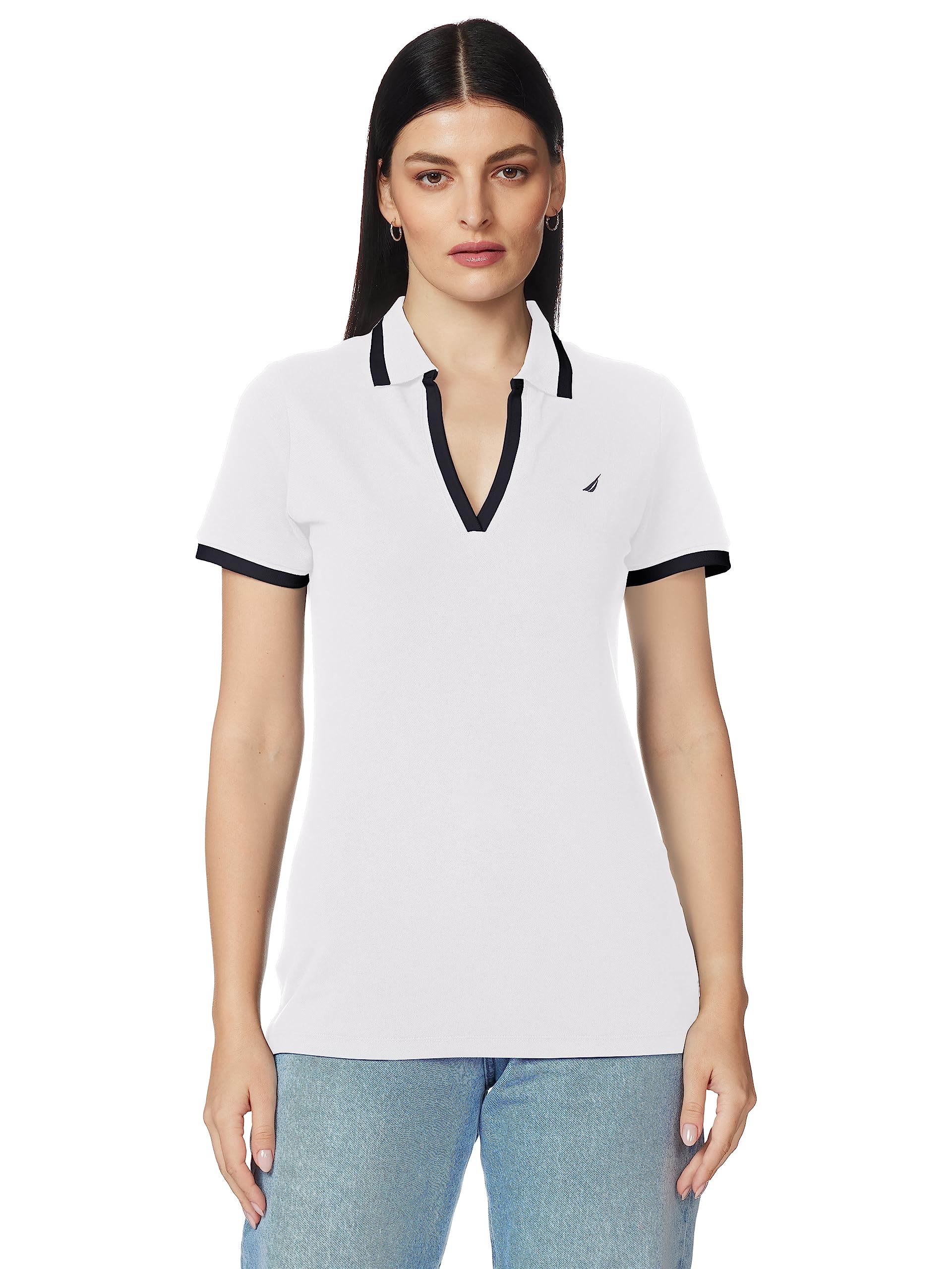 Nautica Women's Classic Fit Striped V-Neck Collar Stretch Cotton Polo Shirt, Bright White, Medium