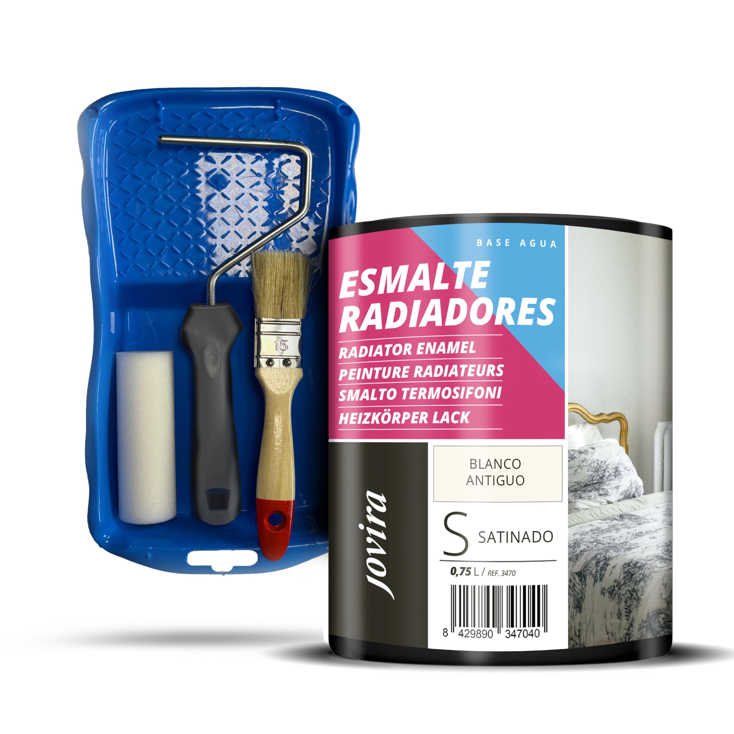 JOVIRA PINTURAS Esmalte Radiadores al Agua + Kit con Minicubeta, Rodillo de Espuma, Varilla y Paletina. (750 Mililitros, Blanco Antiguo + Minikit Radiadores) F-79-K