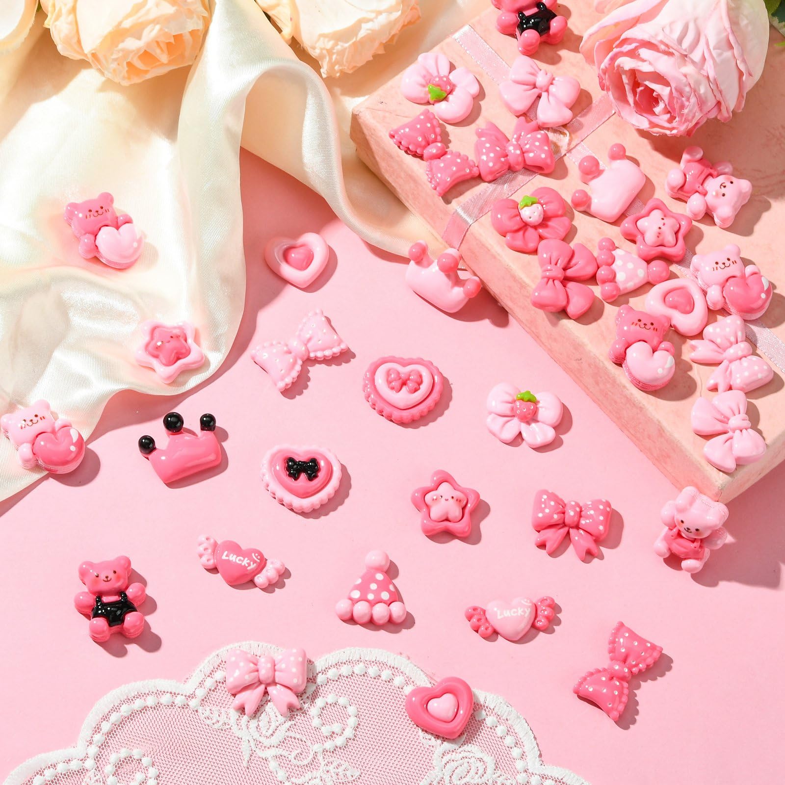 UR URLIFEHALL 48 Pcs 24 Styles Hot Pink Resin Cabochons Heart Star Bowknot Flat Back No Hole Beads Charms for Jewellery Crafts Phone Case Decor - Image 4