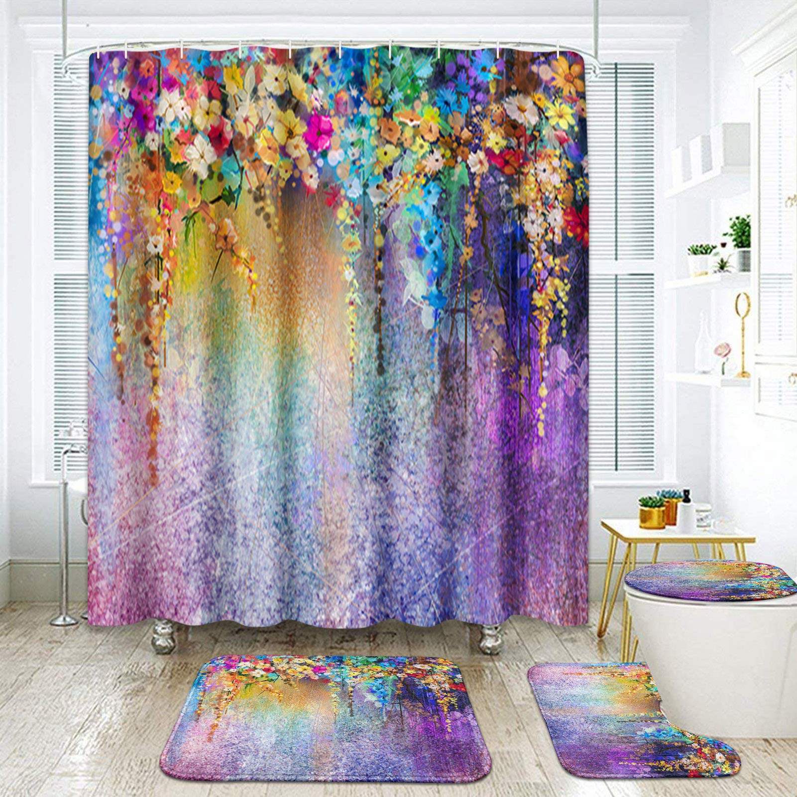 ArtSocket 4 Pcs Shower Curtain Set Floral Watercolor Red Flowers Purple Colorful Beautiful with Non-Slip Rugs Toilet Lid Cover and Bath Mat Bathroom Decor Set 72" x 72"