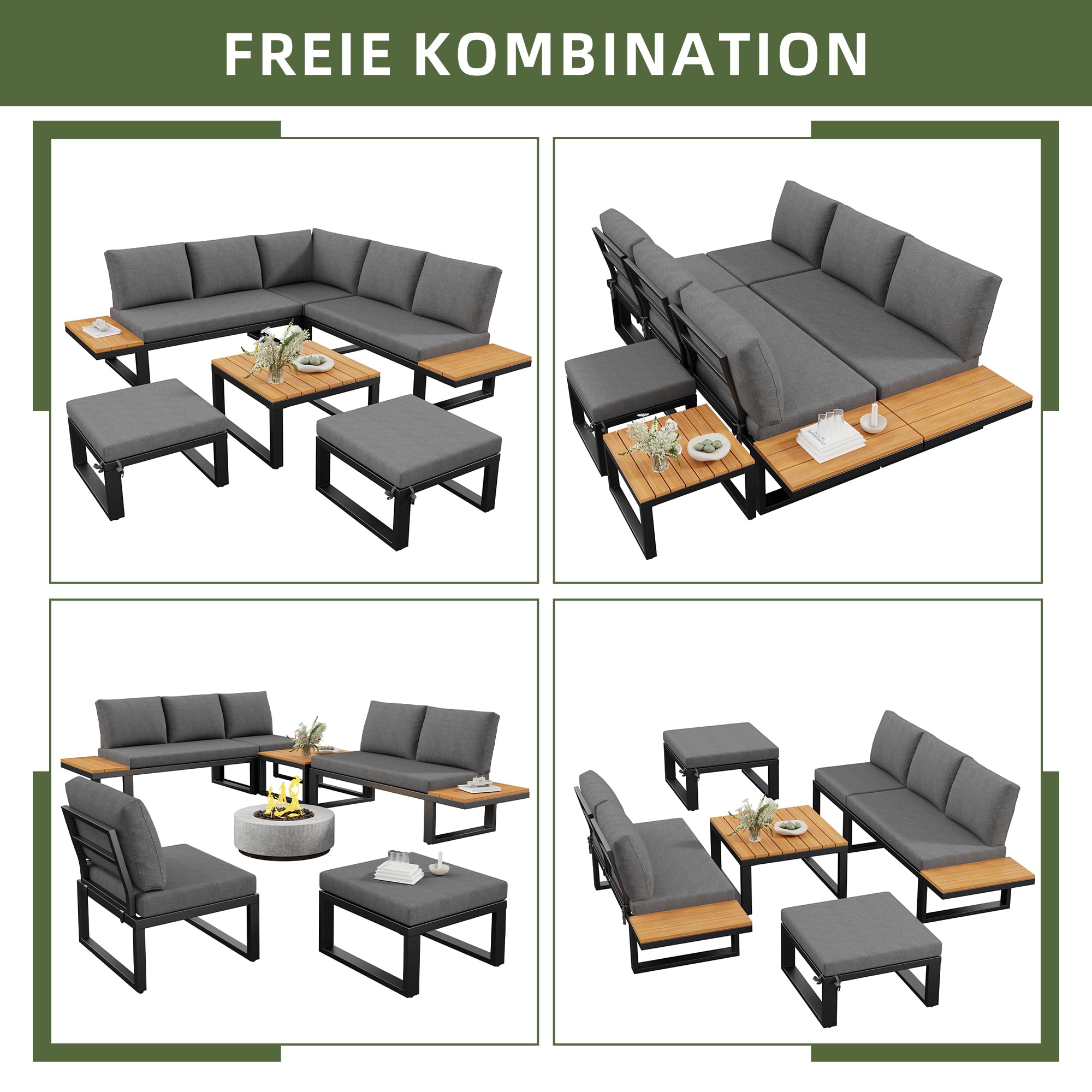 Kebnor Juego de salón de jardín de 6 piezas con respaldo ajustable, sofá esquinero con mesa de café y taburetes, estructura de acero resistente a la intemperie, cojines de asiento en gris/beige, para