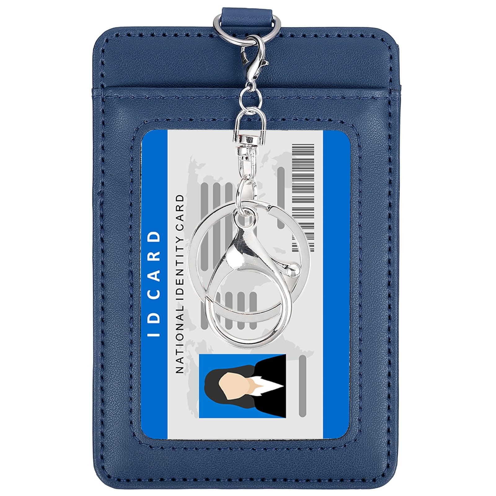 PATIKIL 4.7 x 3.2 x 0.2 Leather Badge Holder with Clear ID Window, Front Pocket Vertical Credit Card Holder & Swivel Metal Clasp Keyring for Employees, Staff, College, Navy Blue