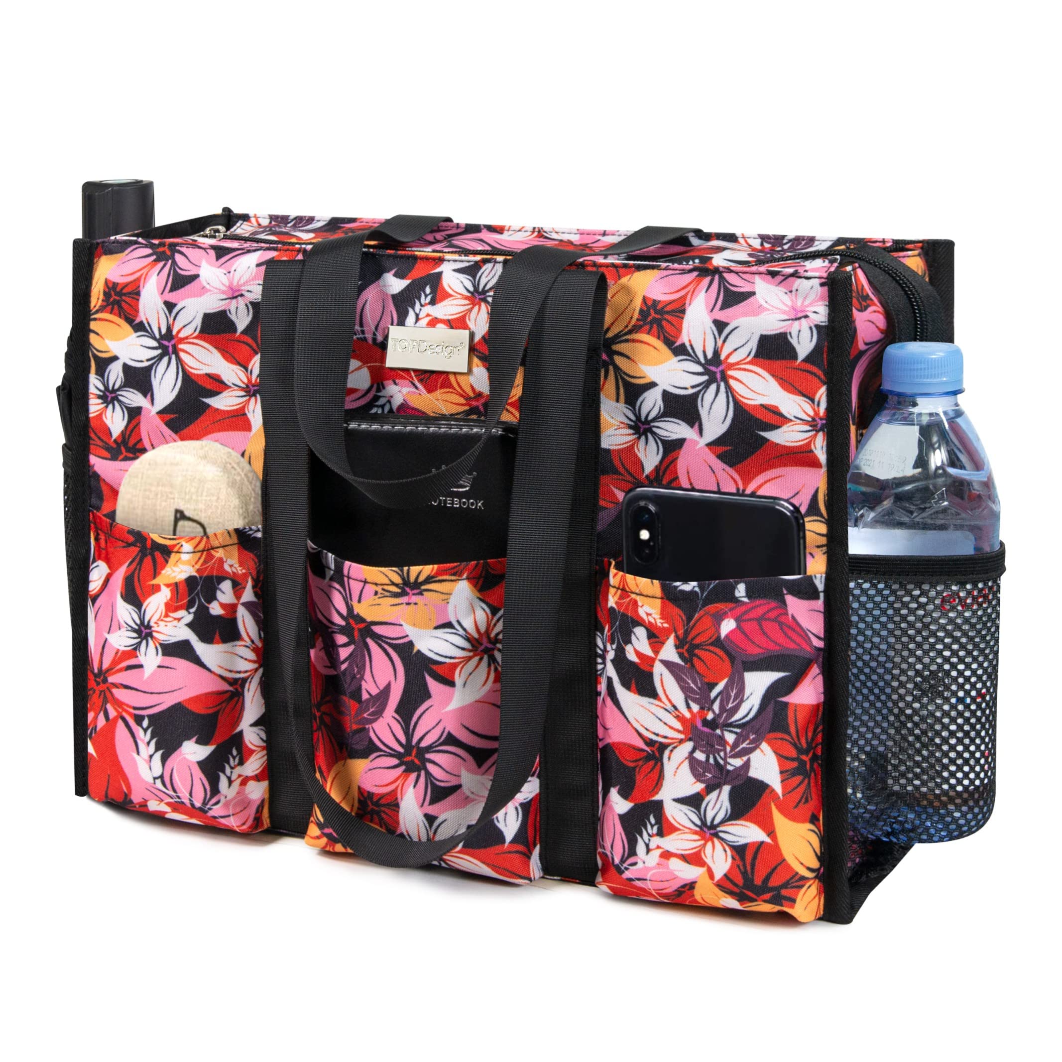 TOPDesign Utility Water Resistant Tote Bag with 13 Pockets, Zipper Closure