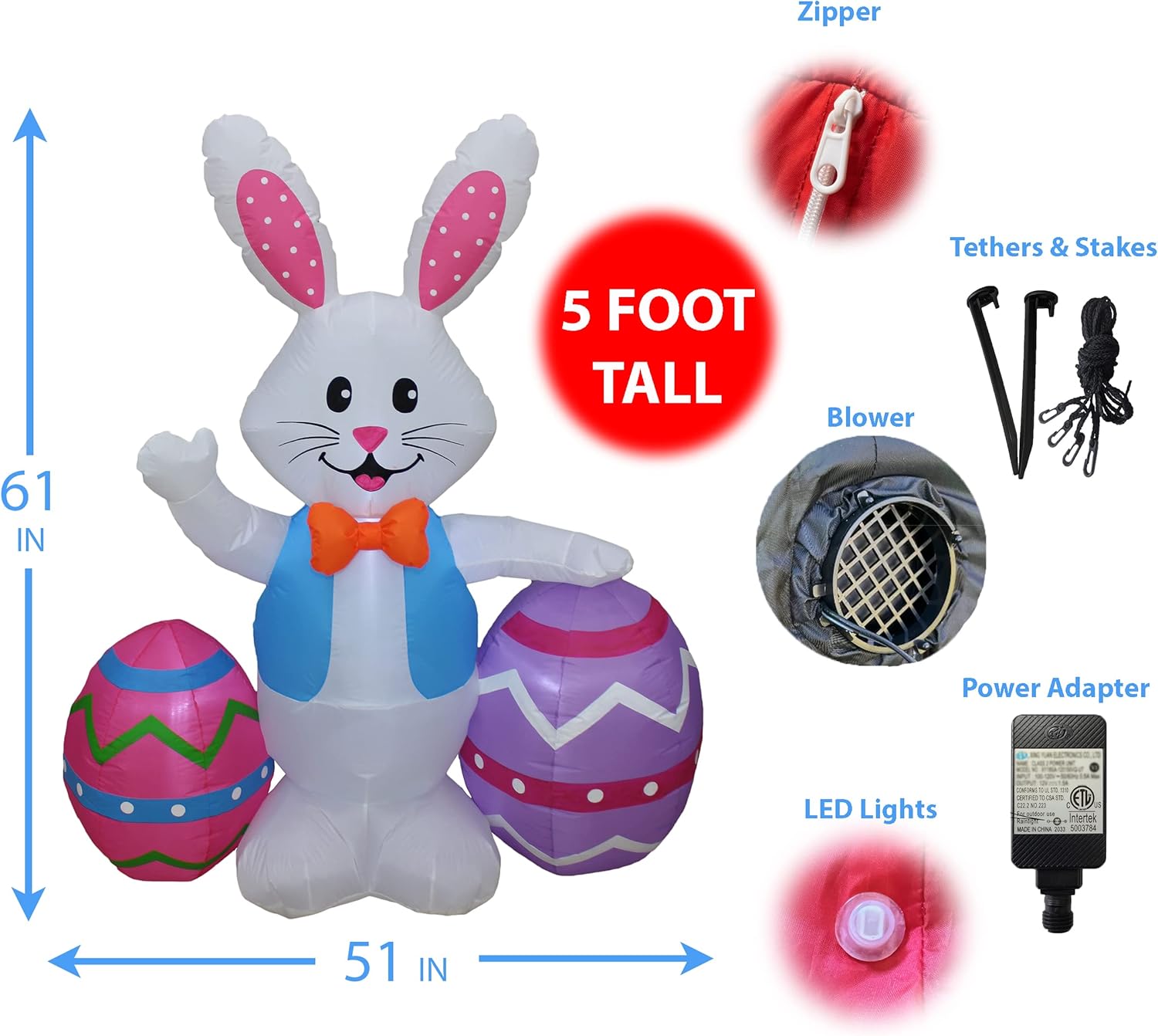 5 Foot Tall Happy Easter Inflatable Bunny Rabbit with Two Eggs Pre-Lit LED Lights Outdoor Indoor Decor Holiday Blow Up Home Lawn Garden Yard Decoration