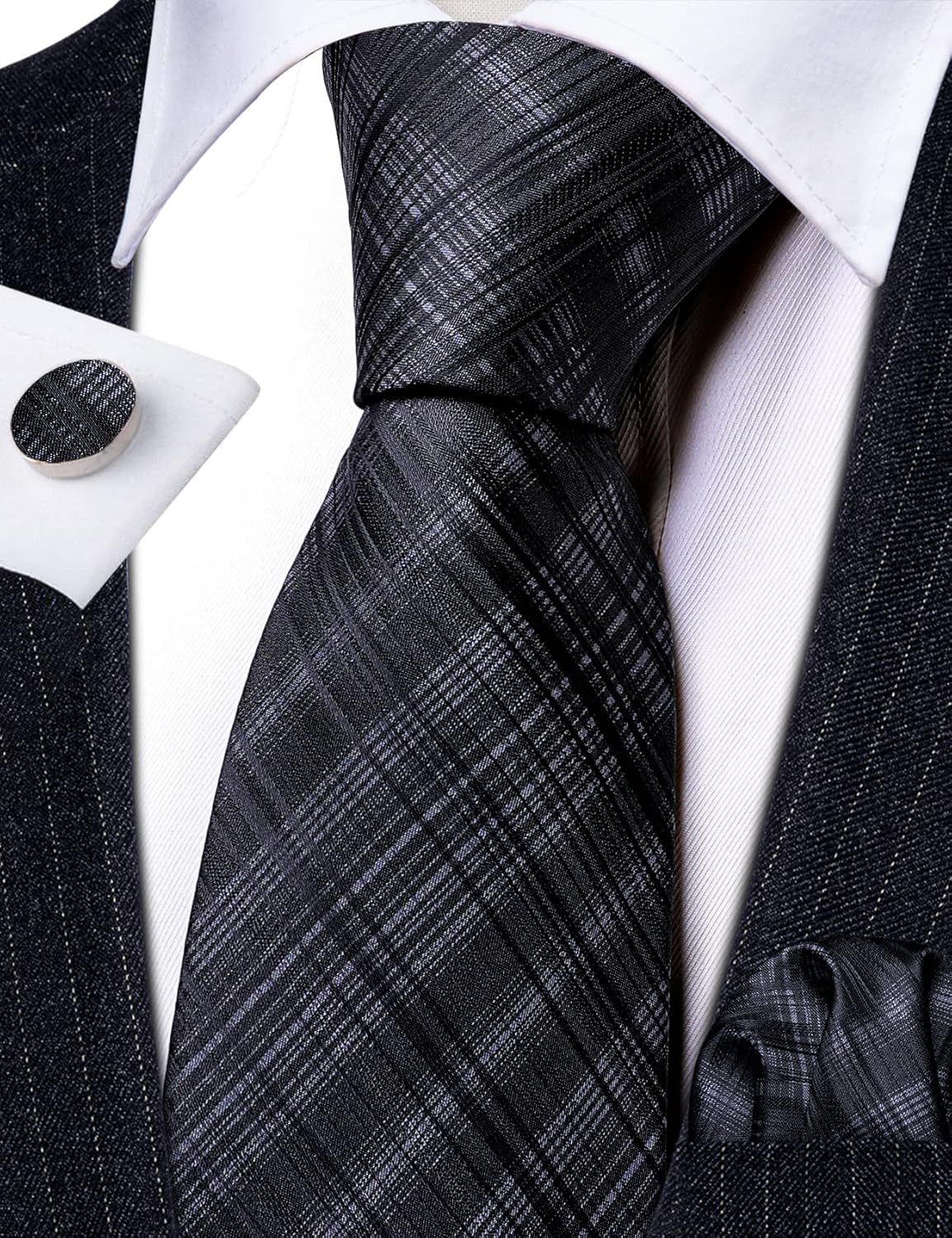 Barry.Wang Tie Sets for Men Silk Stripe Necktie Woven Checkered Handkerchief Cufflinks Formal Business Wedding - Image 5