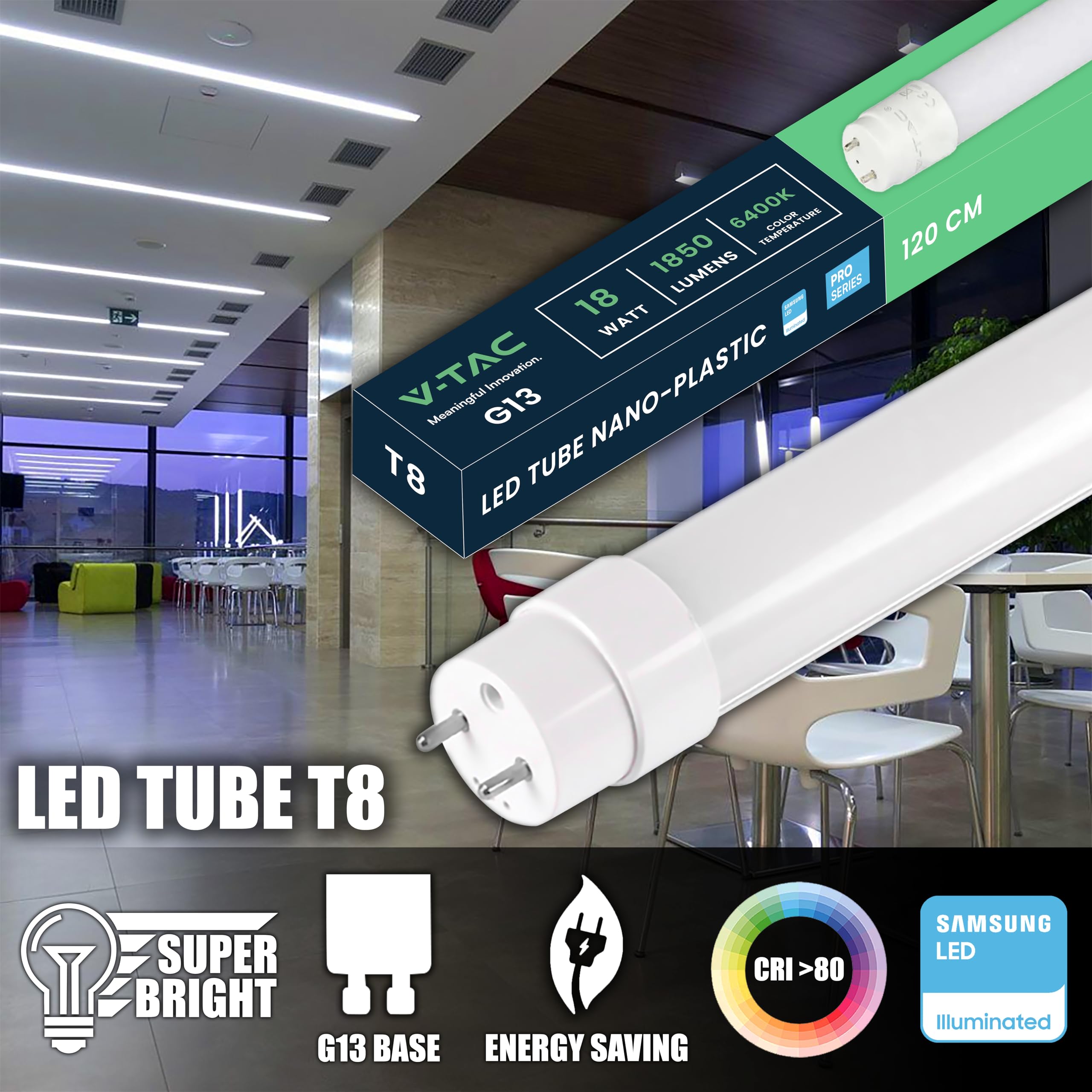 V-TAC 25 Tubi LED 120 CM con attacco G13-18W - 1850 Lumen - [ 25 PEZZI ] - Chip Samsung - Tubi LED per Soffitto, Parete, Garage, Negozio - Tubo forma T8 - Sostituzione Neon - Luce Fredda 6500K