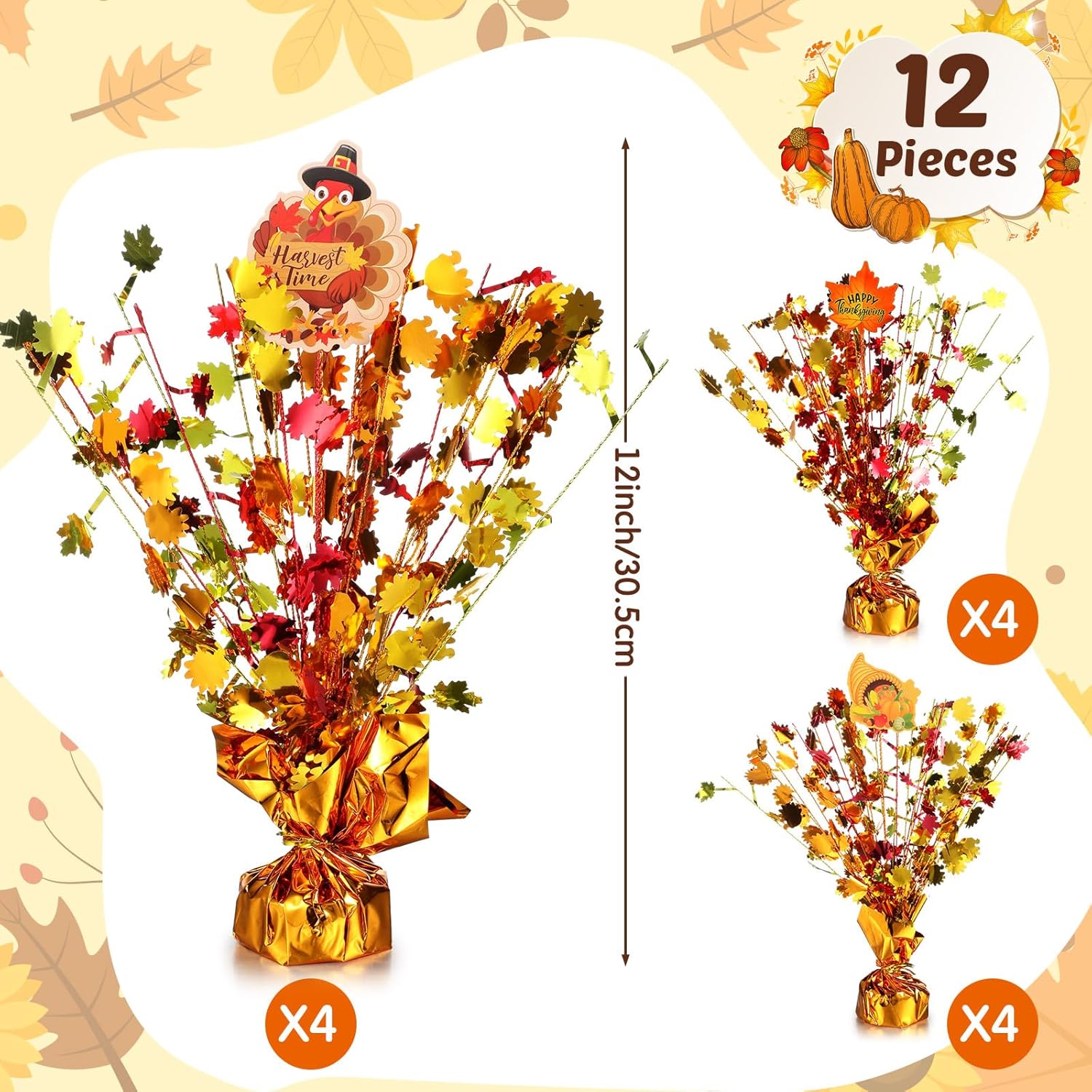 Ceenna 12 Pcs Thanksgiving Table Decorations Metallic Gleam Foil Spray Centerpieces Maple Leaves Turkey Model Fall Harvest Table Decoration for Happy Thanksgiving Party Decor Supplies