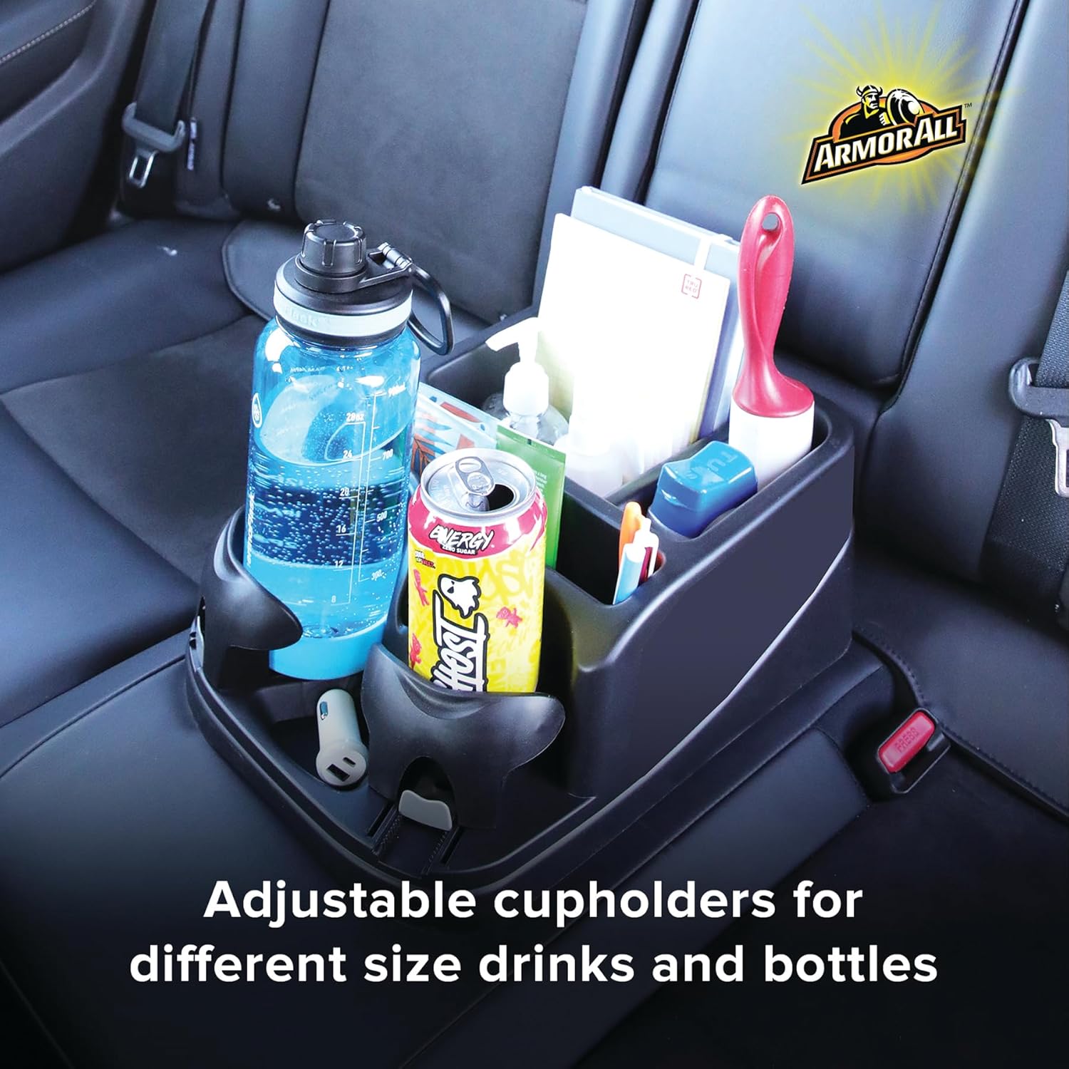 Armor All Car Console Organizer, Car Seat Organizer with 2 Adjustable Cup Holders, 3 Large Storage Compartments, Seatbelt for Secure Hold, Vehicle Middle Seat Organizer for Cars, Trucks, Minivans - Image 5