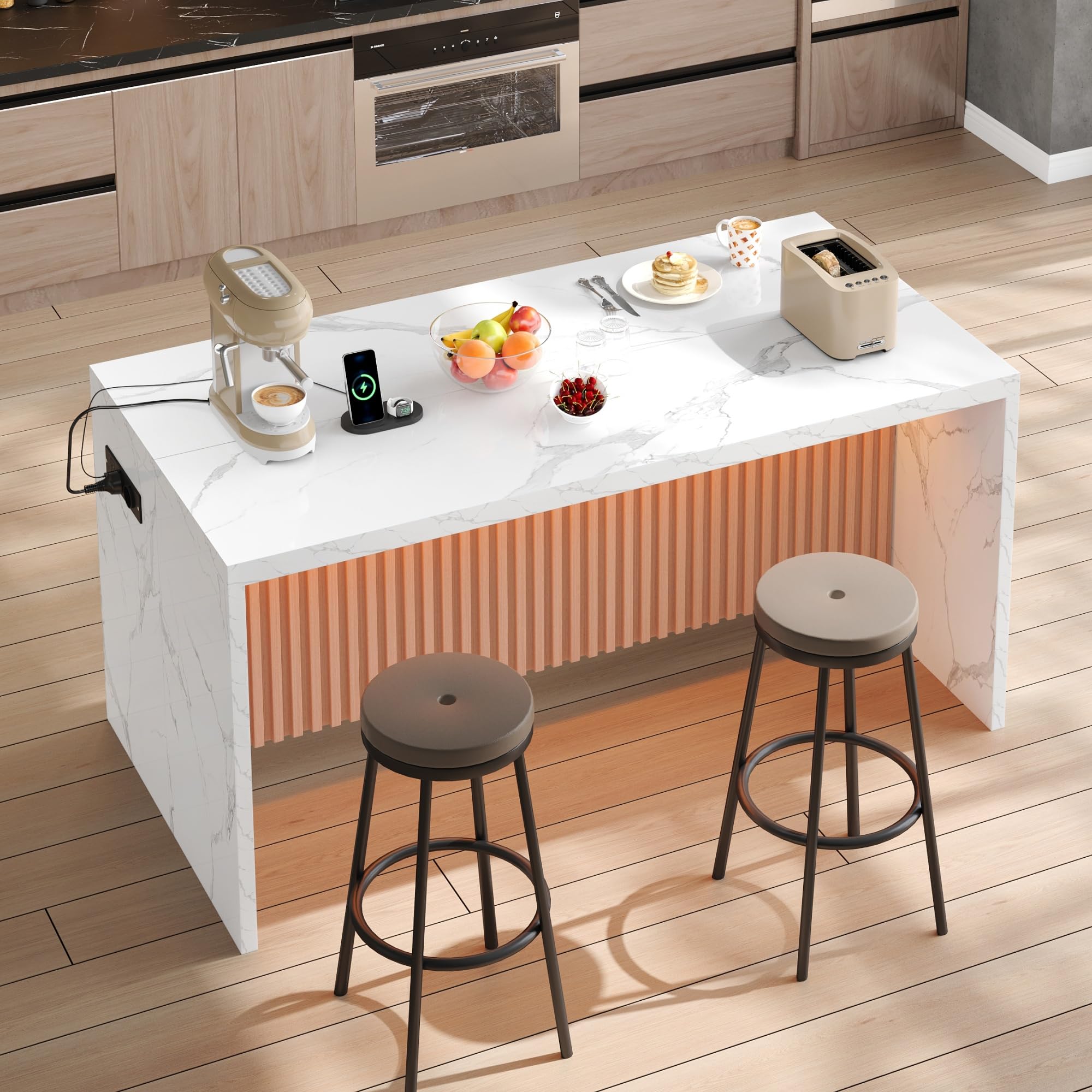 Isola da cucina, frontale in marmo bianco, 155 x 80 x 90 cm, piano di lavoro spesso 40 mm, isola da cucina moderna dal design industriale