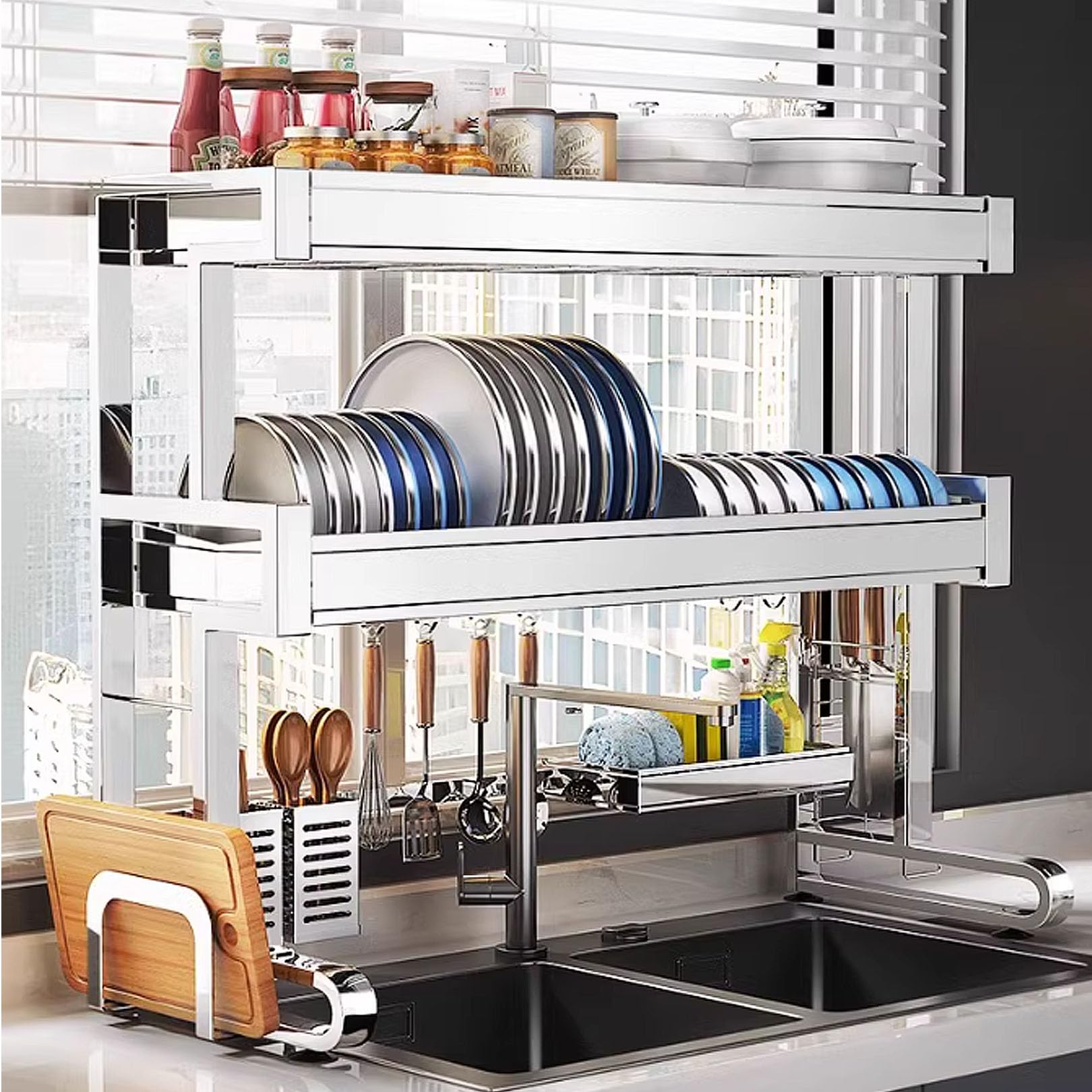 Escurridor de platos sobre el fregadero, estante de 3 niveles ajustable (25,2 a 97 cm) con soporte para esponja para utensilios para organización de encimera de cocina, color plateado