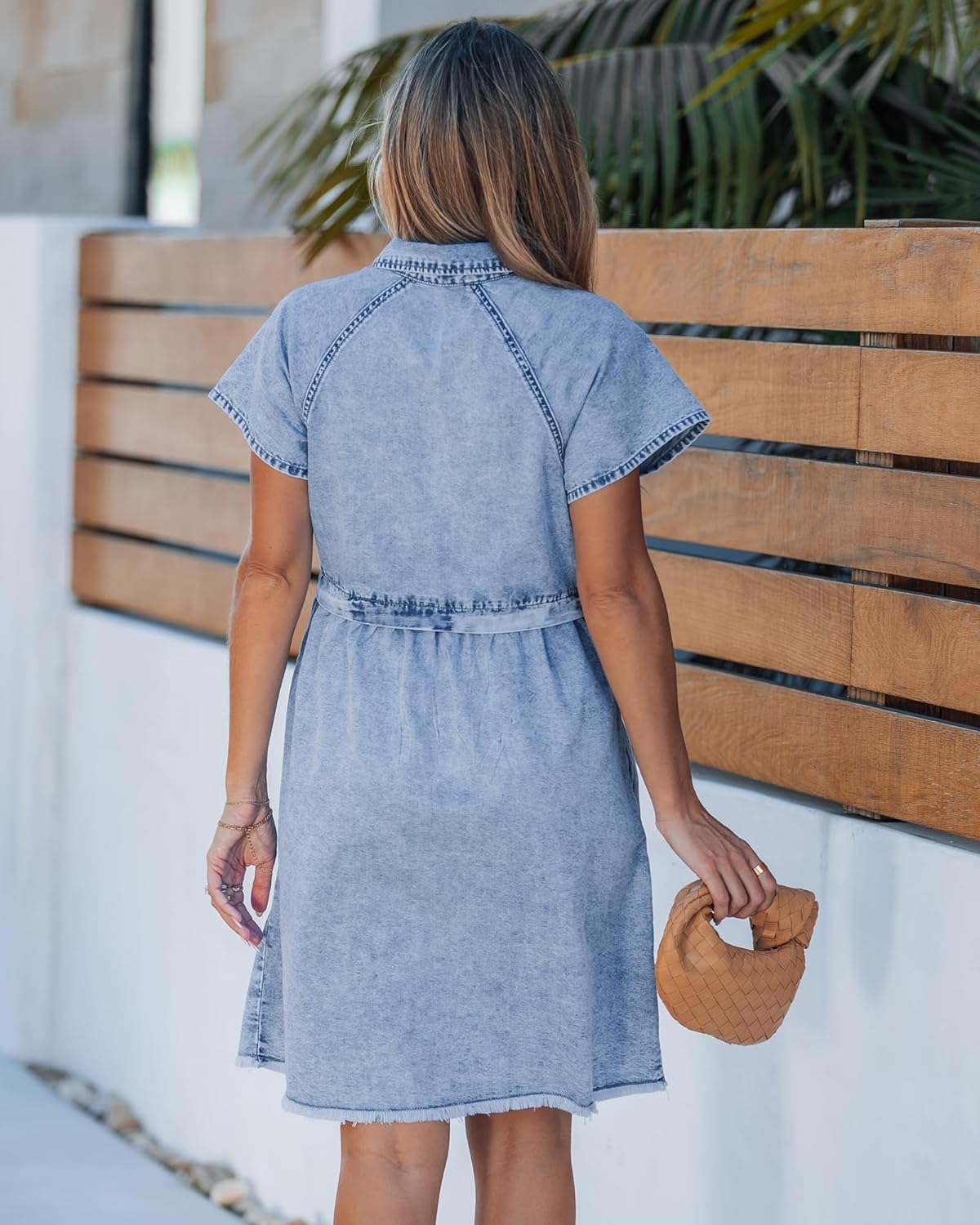 GRAPENT Denim Dresses for Women Short Sleeve Babydoll Pleated Raw Hem Distressed Casual Western Jean Dress with Pockets - Image 2