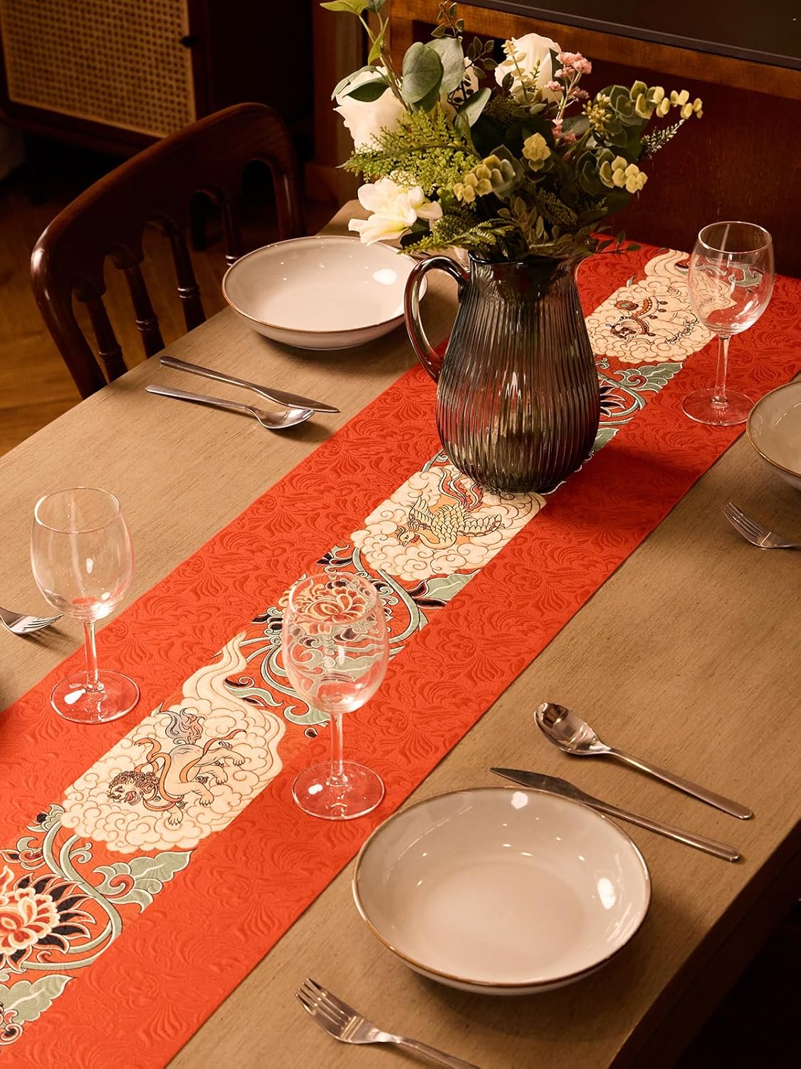 HONGSAM iqipa Chinese Table Runner, 108Inch Asian TableRunner Party Decoration,Red Extra Long Polyester Spring Table Decor for Dining Tables,Festival Party Supplies Kitchen Dining Decor