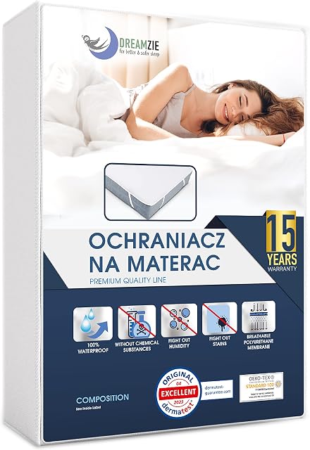 Dreamzie Wodoodporna osłona na materac z 4 elastycznymi kątami - Dla Materaca 200 x 200 cm - Wyprodukowano w UE - certyfikat OEKO-TEX®