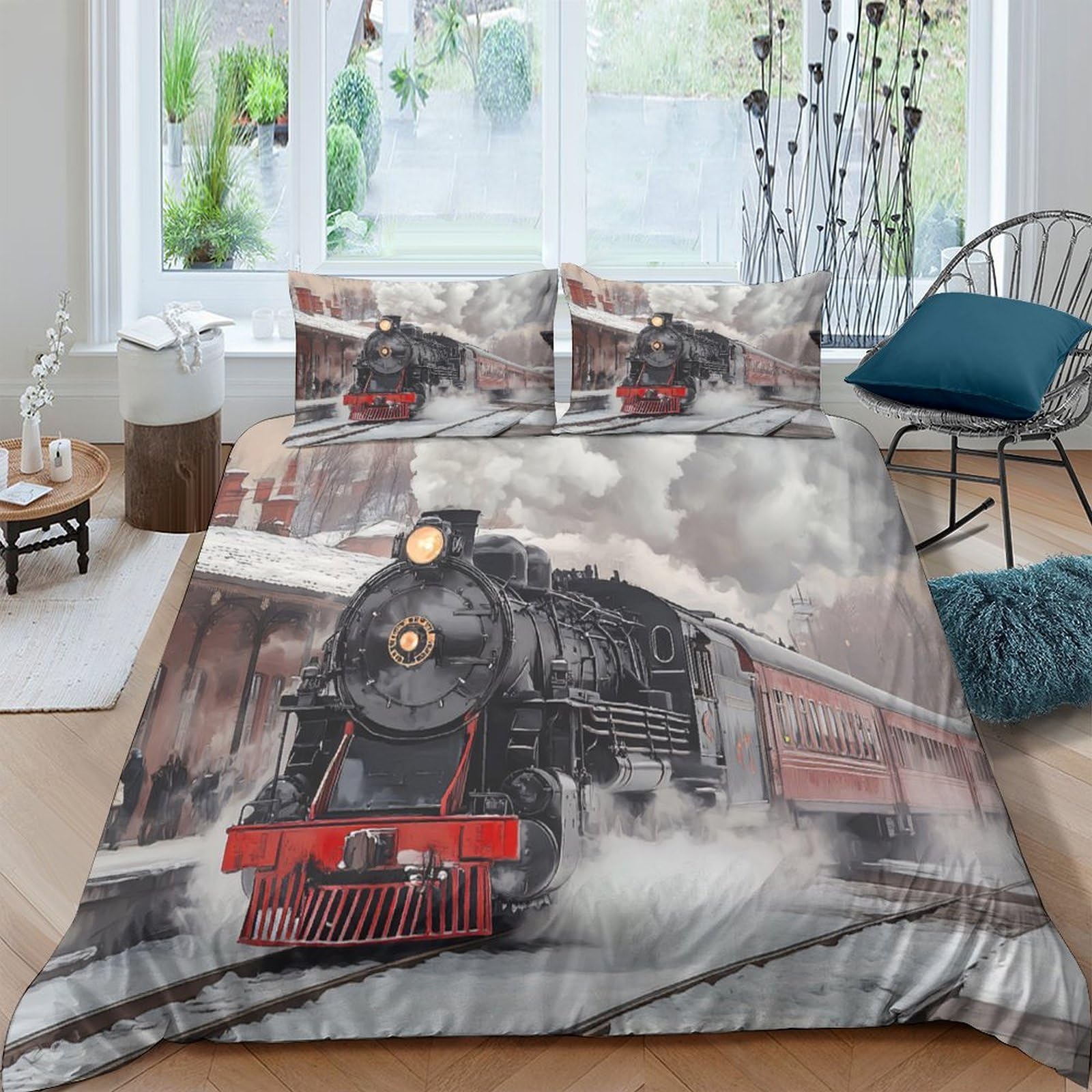 Ctjqhvkz Style-7 3D Printed Steam Train Fitted Sheet Microfiber Soft Breathable Railway Locomotive Bed Cover For Bedroom Decor Single（135X200cm）