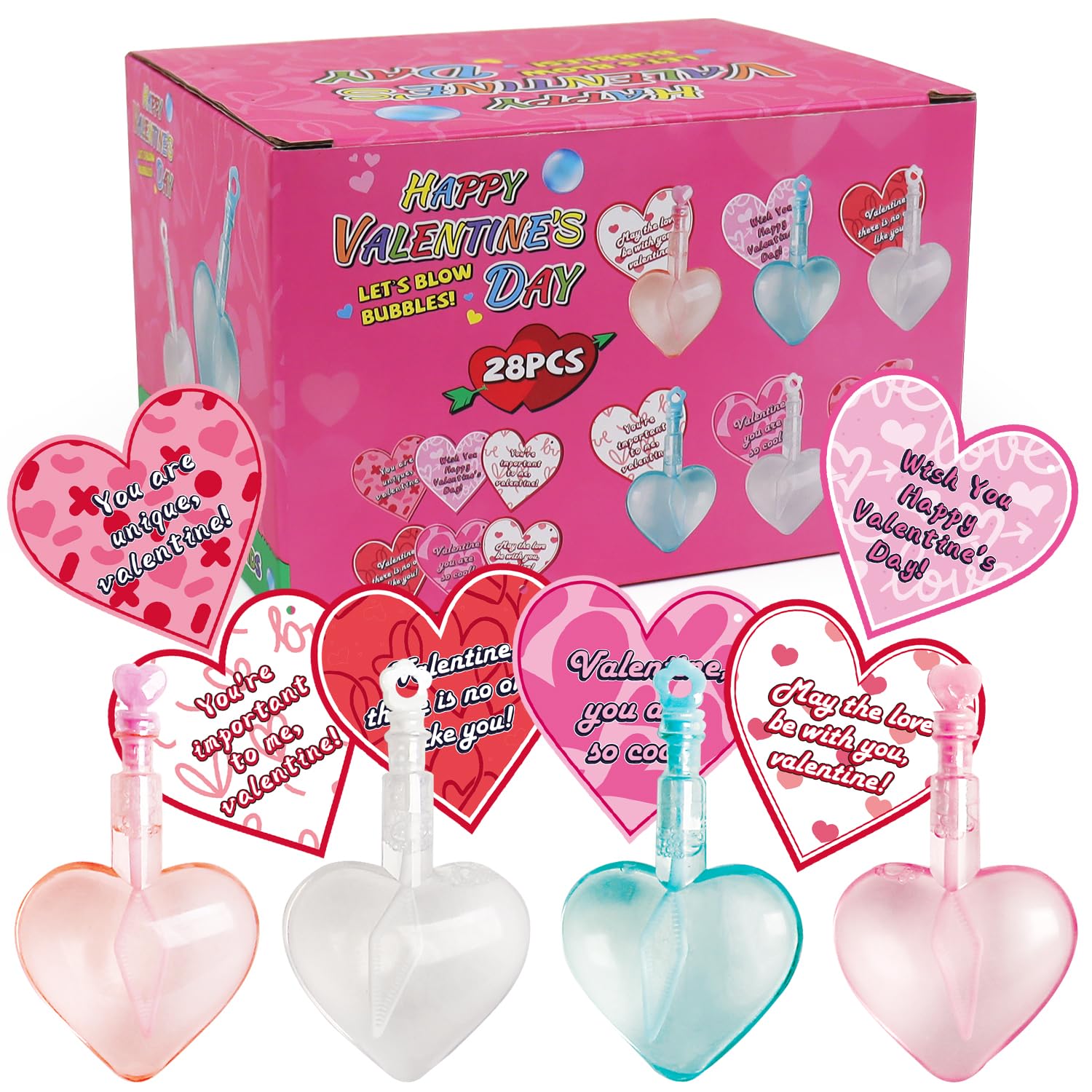 28Pcs Kids Valentines Day Gifts for Classroom - Valentine Cards with Heart Shape Bubble Wands Novelty Toys for Boys Girls Exchange Gifts, Party Favor Prizes, Valentine’s Greeting Gifts
