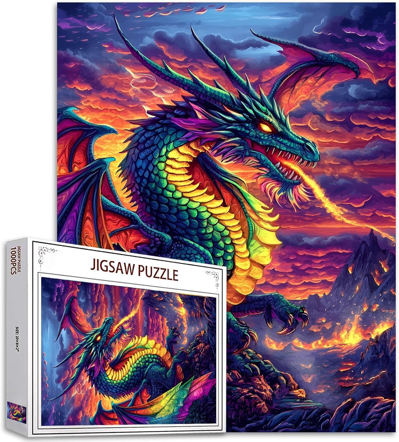 Mythical Creature Jigsaw Puzzles 1000 Pieces for Adults,Families (Fire Dragon,Animal,Wildlife,Mountain) Pieces Fit Together Perfectly 19.7''x27.6''inch Frameable Landscape Magic Puzzle Art（Colorful）