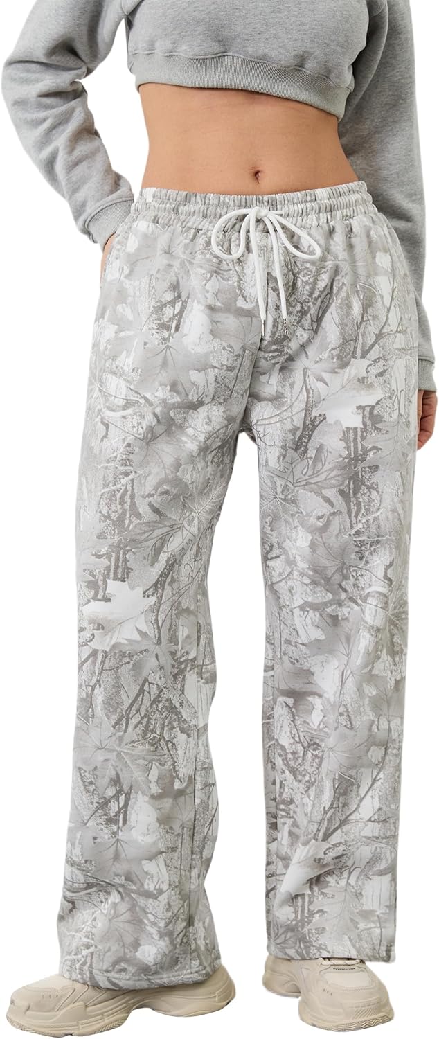 Camo Pants Women Baggy Fleece Y2K Camouflage Cargo Pants High Waisted Wide Leg Drawstring Jogger Sweatpants