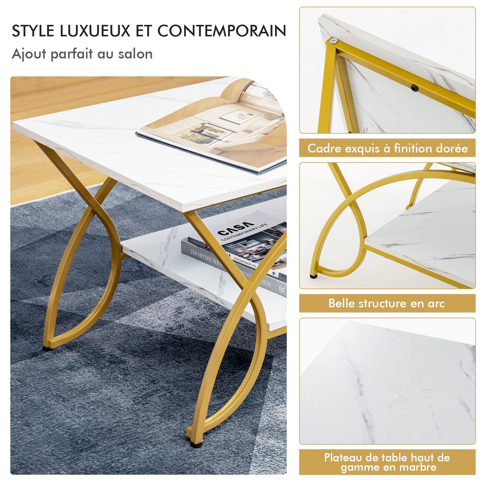 GOPLUS Table Basse Marbre Faux, Table Basse Salon Réglable en Métal et avec Rangement, Chambre, Bureau, Charge 70 KG, 100x50x45CM(Blanc+Doré)