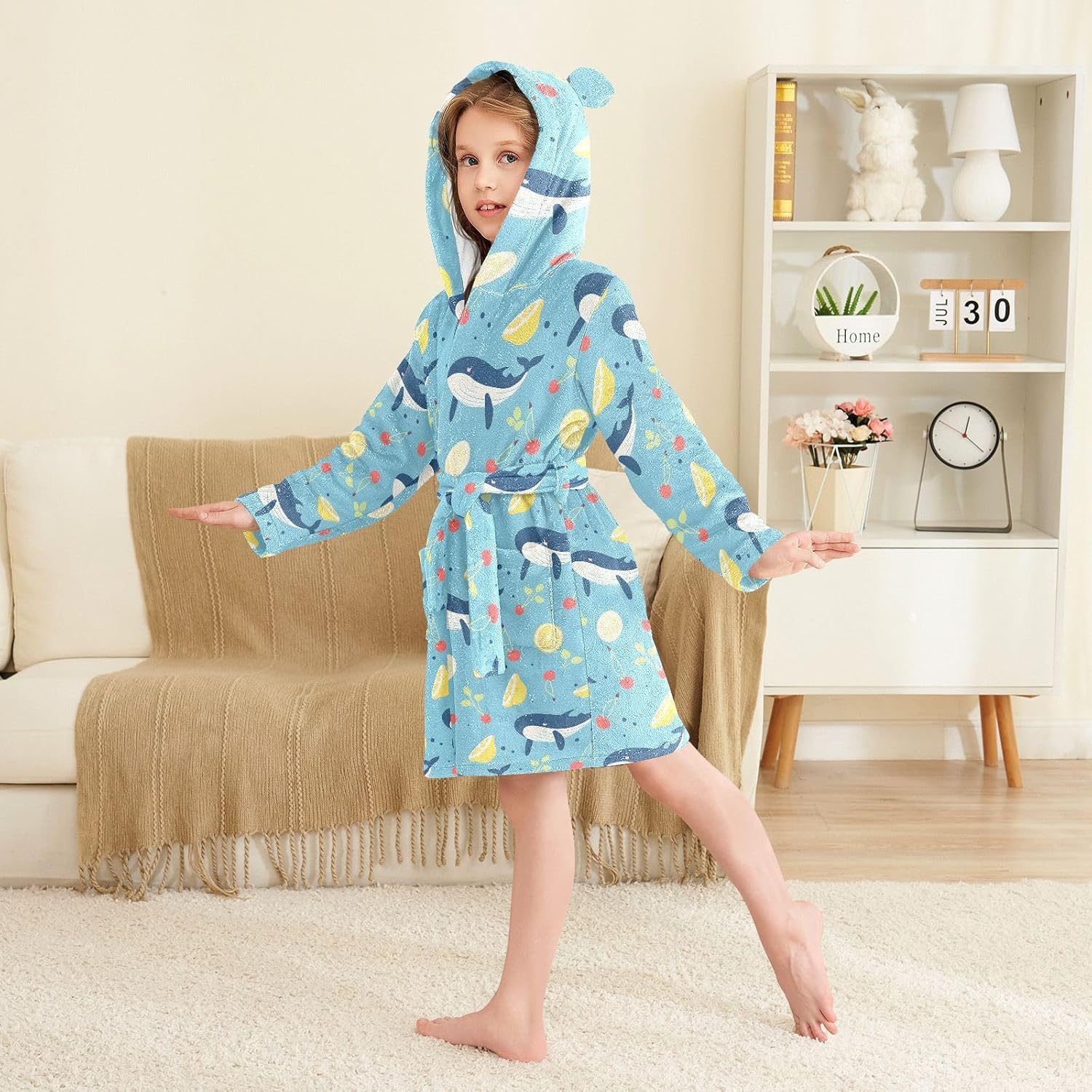 senya Whale with Lemon Toddler Hooded Bathrobe Kids Soft Plush Bath Towel Robes for Boys Girls 2-12 Years