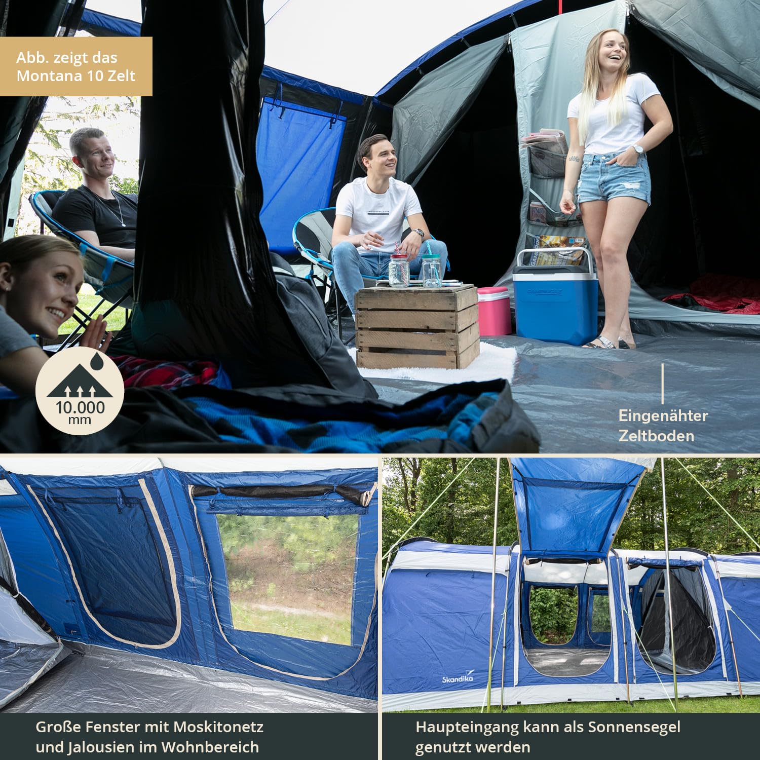 Skandika Tunnelzelt Montana 10 Personen | Camping Zelt mit/ohne eingenähten Zeltboden, mit Sleeper Technologie, 3-4 Schwarze Schlafkabinen, 5000 mm Wassersäule, Moskitonetze | Familienzelt