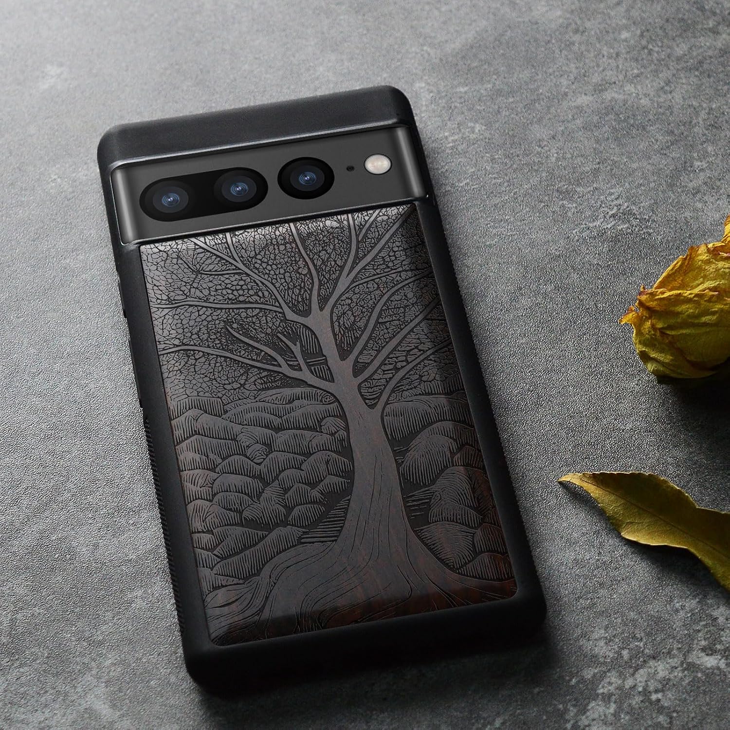 Carveit Wood Case for Pixel 7 Pro Case [Natural Wood & Black Soft TPU] Shockproof Protective Unique Wooden Cover Compatible with Google Pixel 7 Pro (The Lino Print Tree-Blackwood)