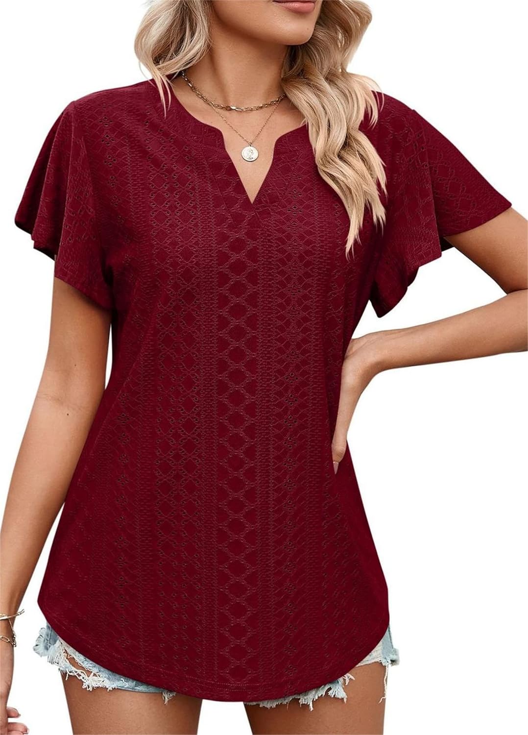 OSACOD Womens Summer Tops T Shirts V Neck Ruffle Short