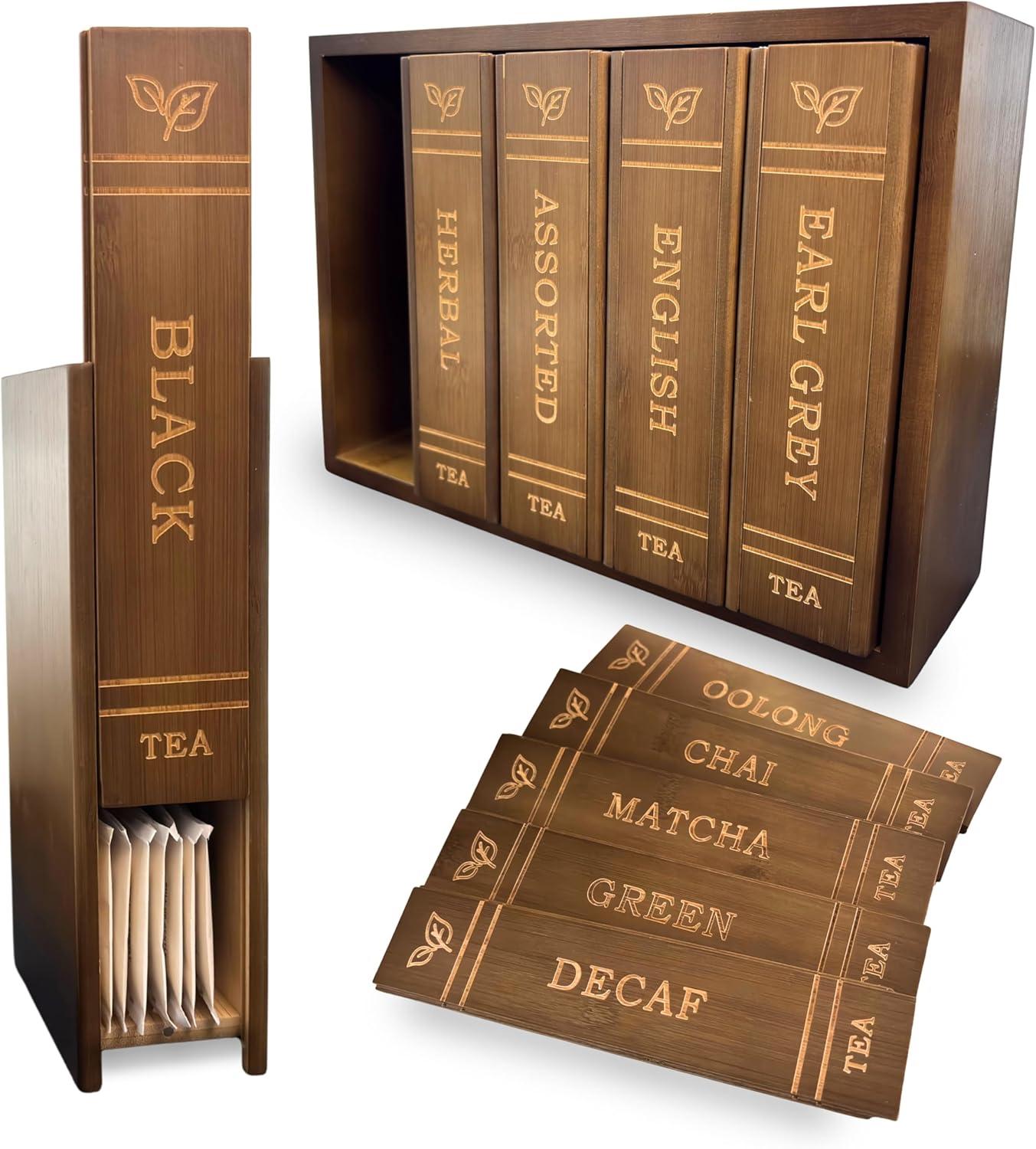 The Tea Library | Elegant Countertop Storage & Display Piece for Tea Enthusiasts | Set of 5 Book-Inspired Storage Boxes with Stand | 10 Sliding Lids with Labels | 100% Bamboo
