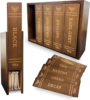 The Tea Library | Elegant Countertop Storage & Display Piece for Tea Enthusiasts | Set of 5 Book-Inspired Storage Boxes with Stand | 10 Sliding Lids with Labels | 100% Bamboo