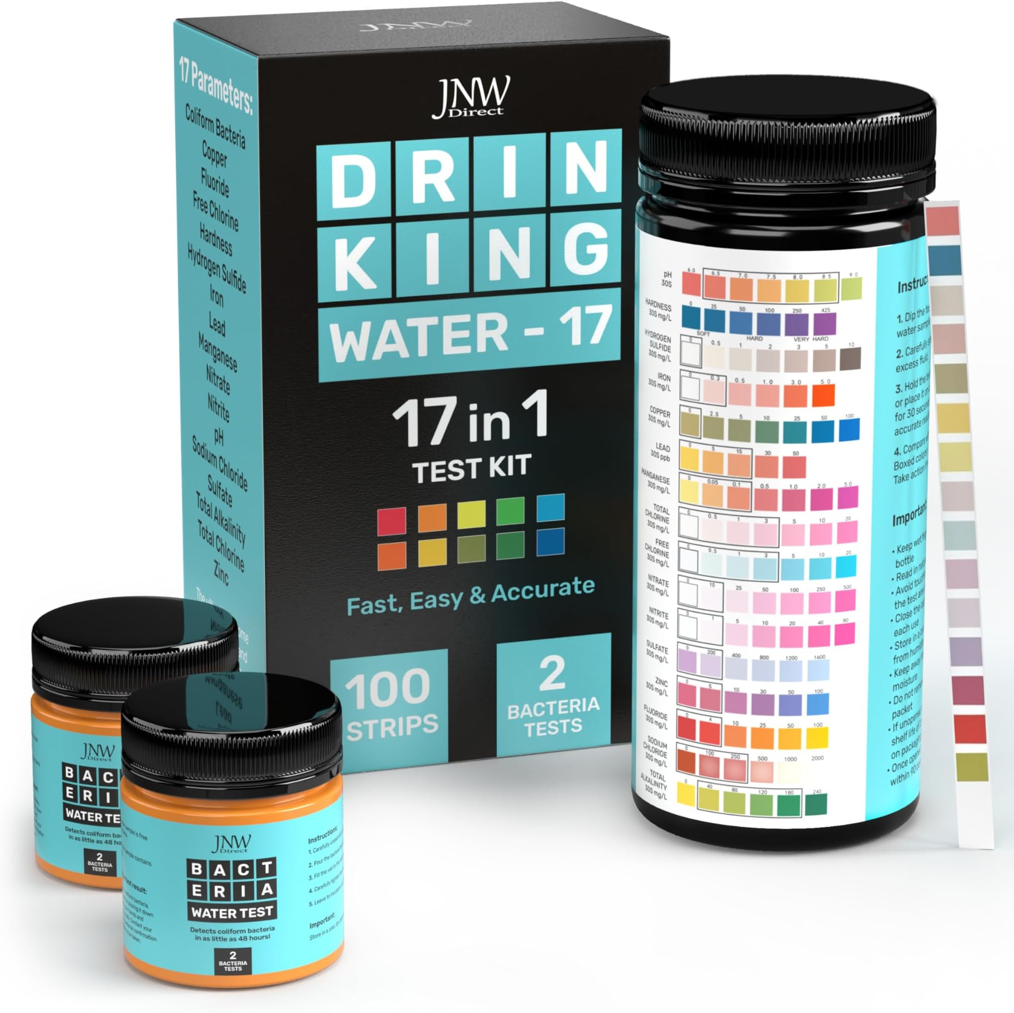 JNW Direct 17-in-1 Drinking Water Test Kit - 100 Strips + 2 Bacteria Tester Kits - Well, Tap, Home, City Water Testing Strip for Lead, Alkaline, Chlorine, Hardness, Iron, Fluoride, Copper & More
