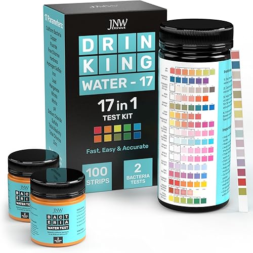 JNW Direct Kit de prueba de agua potable 17 en 1, 100 tiras + 2 kits de prueba de bacterias, para pozo, grifo, hogar, tira de prueba de agua de la