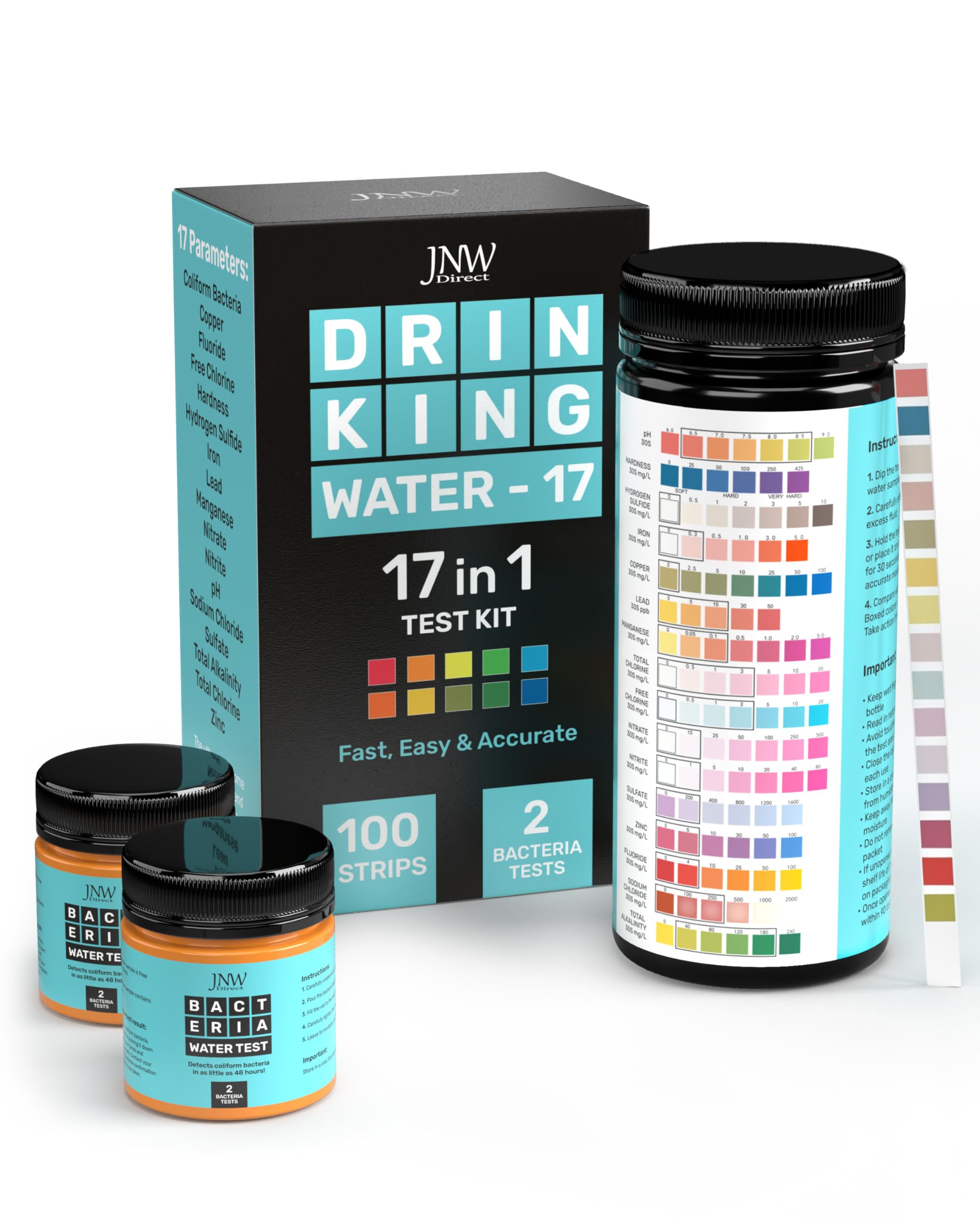 JNW Direct17-in-1 Drinking Water Test Kit - 100 Strips + 2 Bacteria Tester Kits - Well, Tap, Home, City Water Testing Strip for Lead, Alkaline, Chlorine, Hardness, Iron, Fluoride, Copper & More