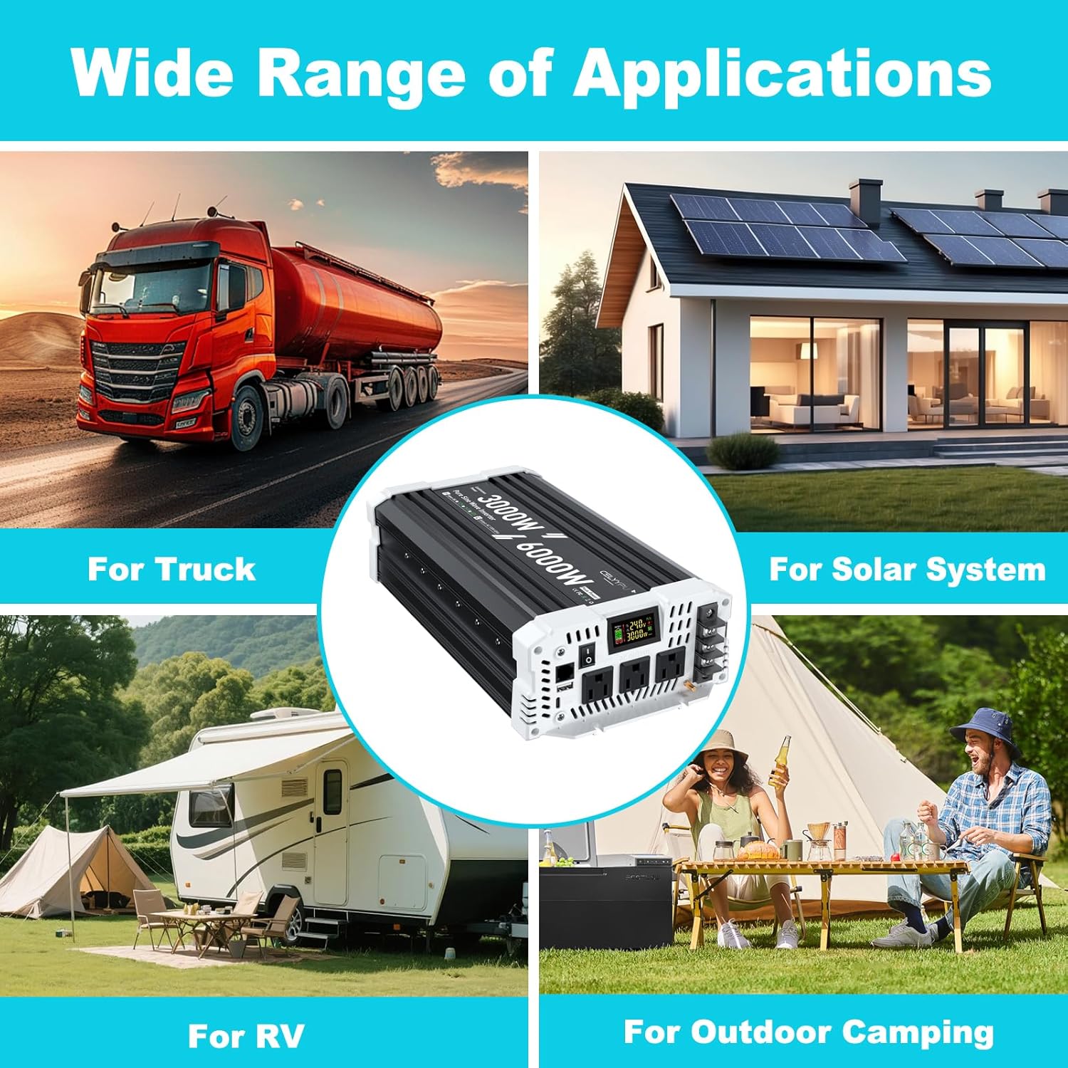 3000 watt Pure sine Wave Inverter, 24V DC to 110V AC Power Inverter, Used for Solar Emergency Power Supply in RV Homes, with 3 AC Output sockets, USB Port, Type-C Port, Remote Control with LCD Screen