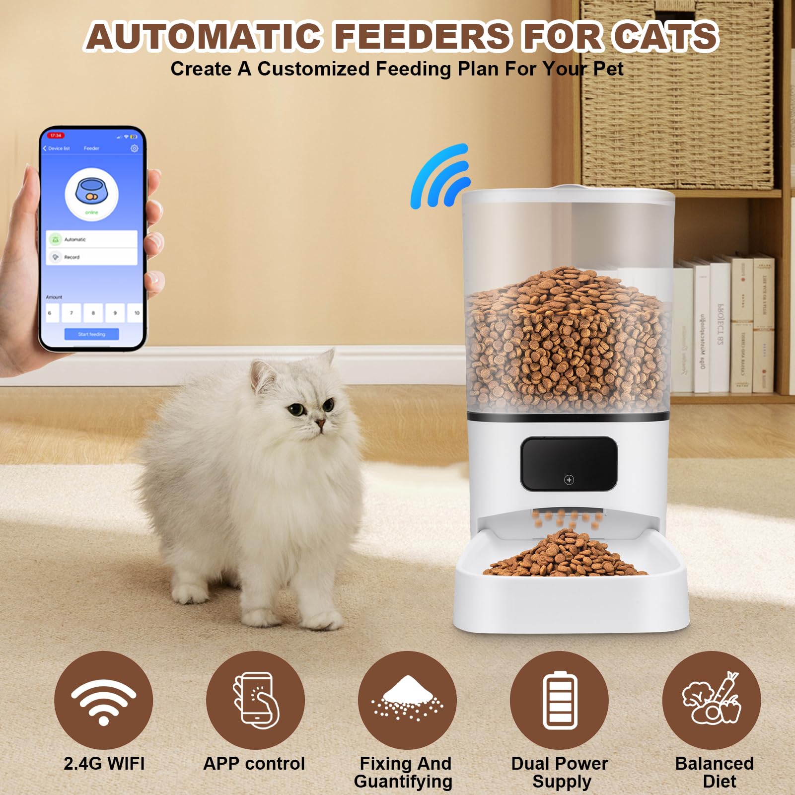 4L Distributore automatico di cibo per gatti, distributore automatico intelligente WiFi, controllo tramite app, doppio alimentatore,distributore di cibo per gatti e cani (6 litri, doppia ciotola)