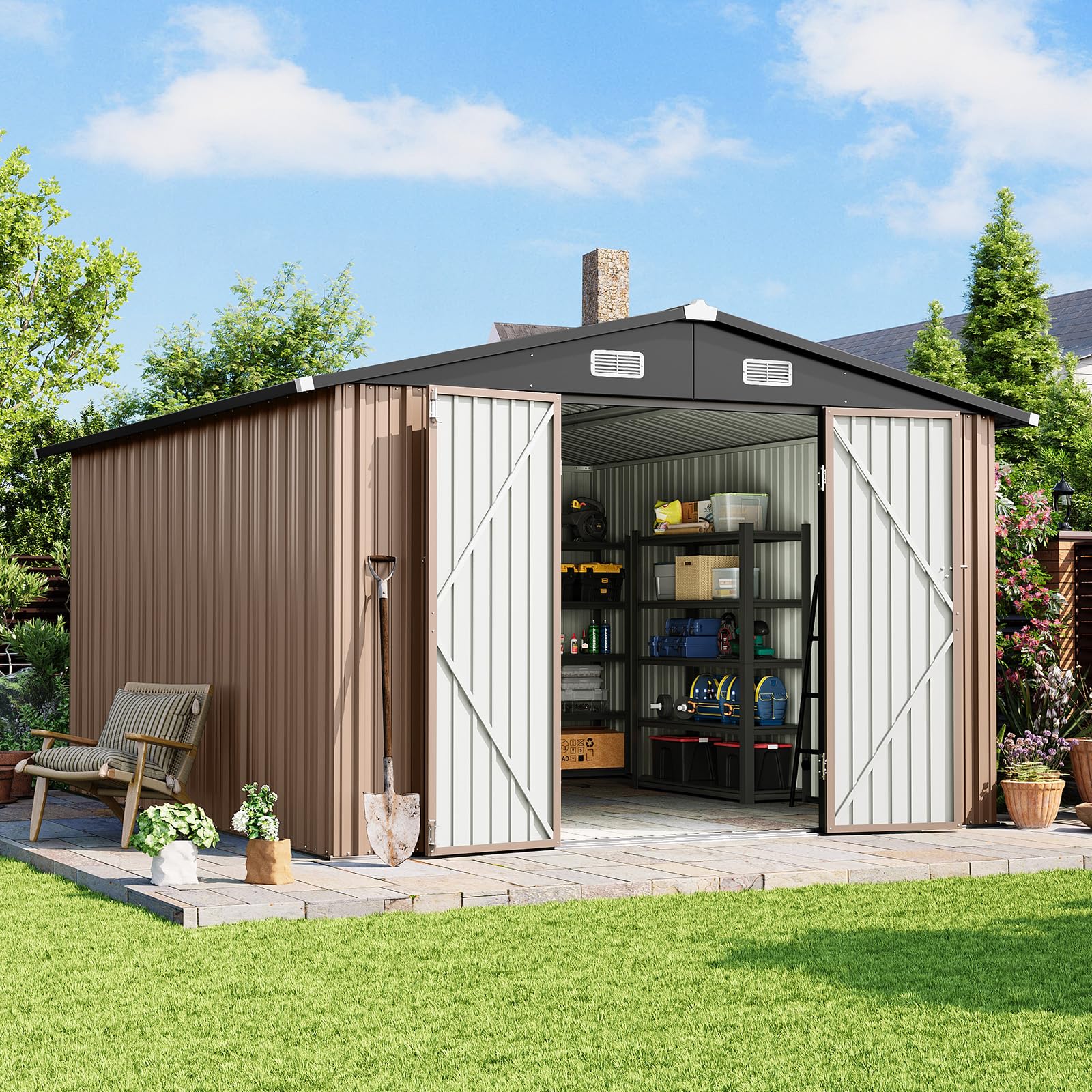 10x12 ft outdoor storage shed heavy-duty galvanized steel metal garden shed with lockable double doors for bike, tool, generator storage in backyard, patio (10’x12’) (incomplete only box #1 of 2) 
