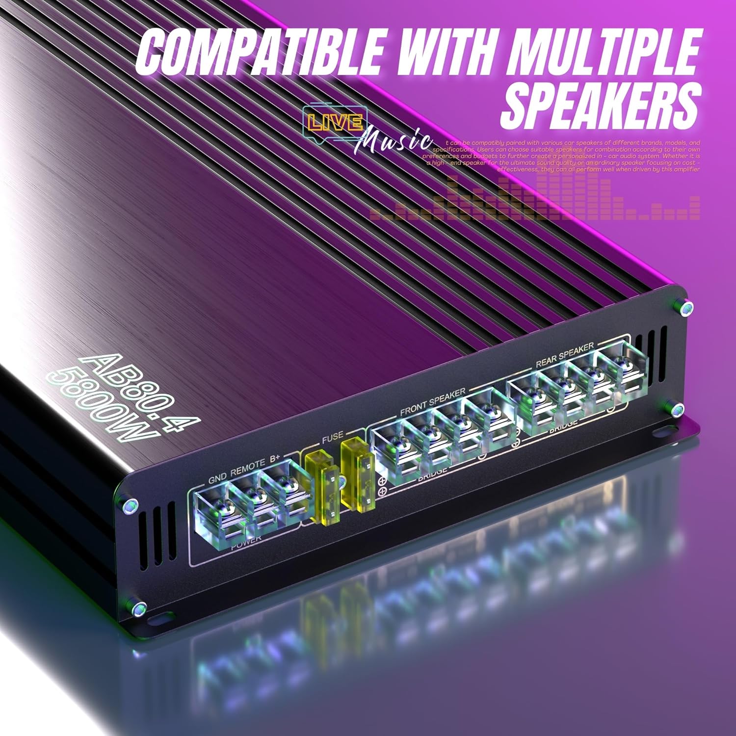 4-Channel Car Audio Amplifier, 5800W 12V Stereo Audio Car Subwoofer, Compact Subwoofer AMP for Car Truck Vehicle Audio Enhancement, 4x120W RMS Power Output 92dB Easy to Install