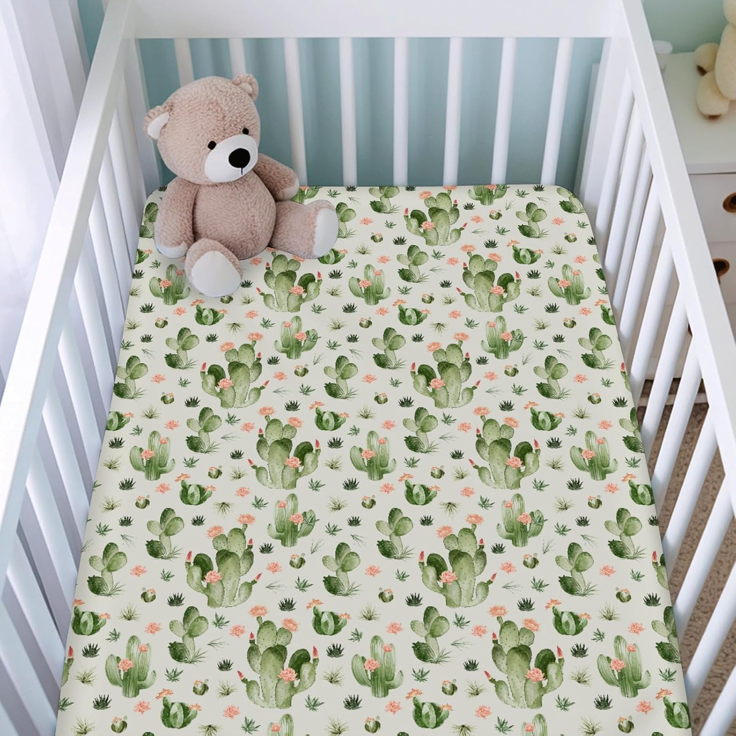 Desert Cactus Floral Fitted Baby Crib Sheets Girl Boy 52"x28" Watercolor Cactus Southwest Plants Crib Mattress Covers Vintage Cactus Flowers Soft Baby Sheets for Standard Crib and Toddler Bed Mattress