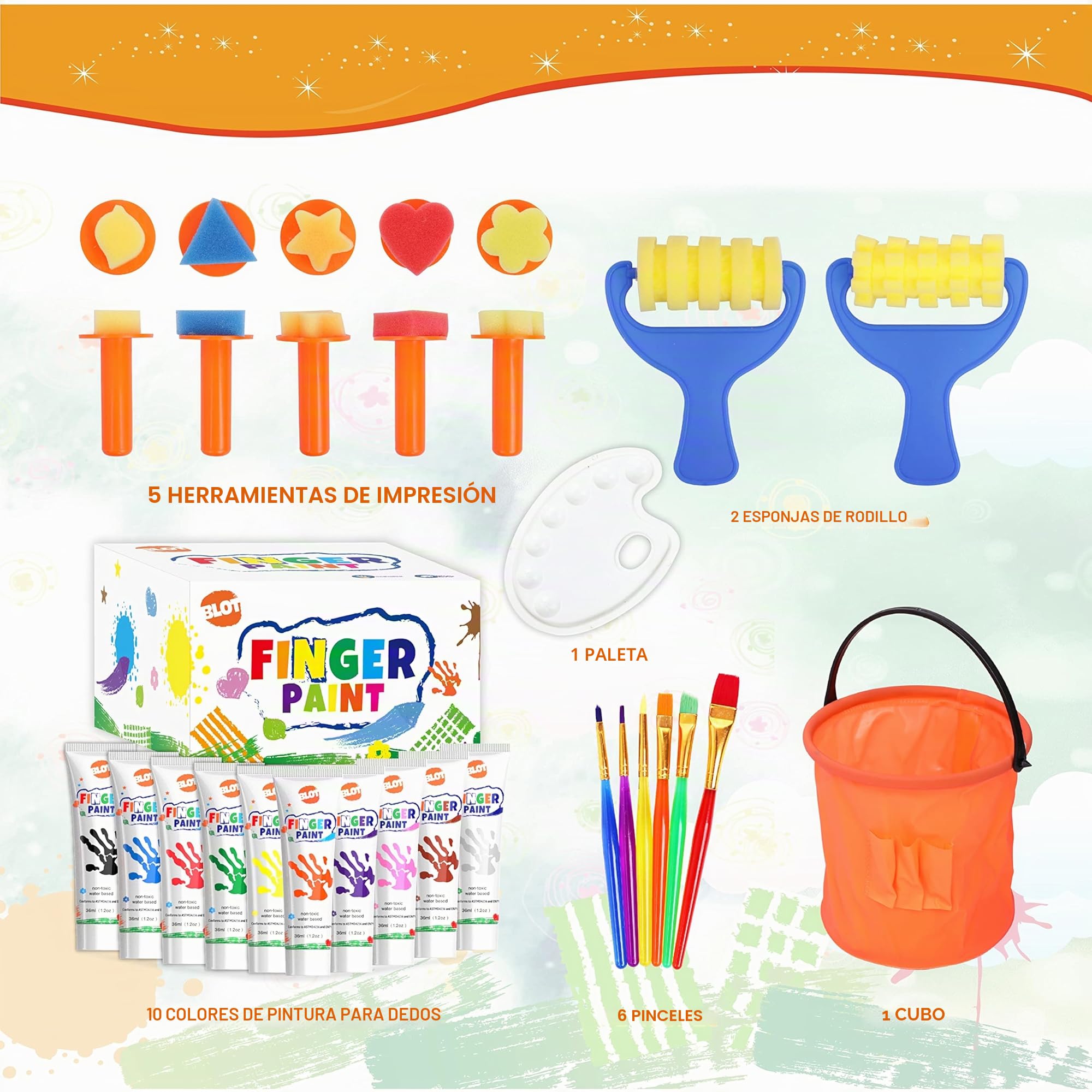 BLOT Pintura de Dedos para Niños Lavable Juego de Pintura para Dedos No Tóxicas con Pincel Esponja Paleta para Niños Infantes Escuela Jardín Aprendizaje Temprano