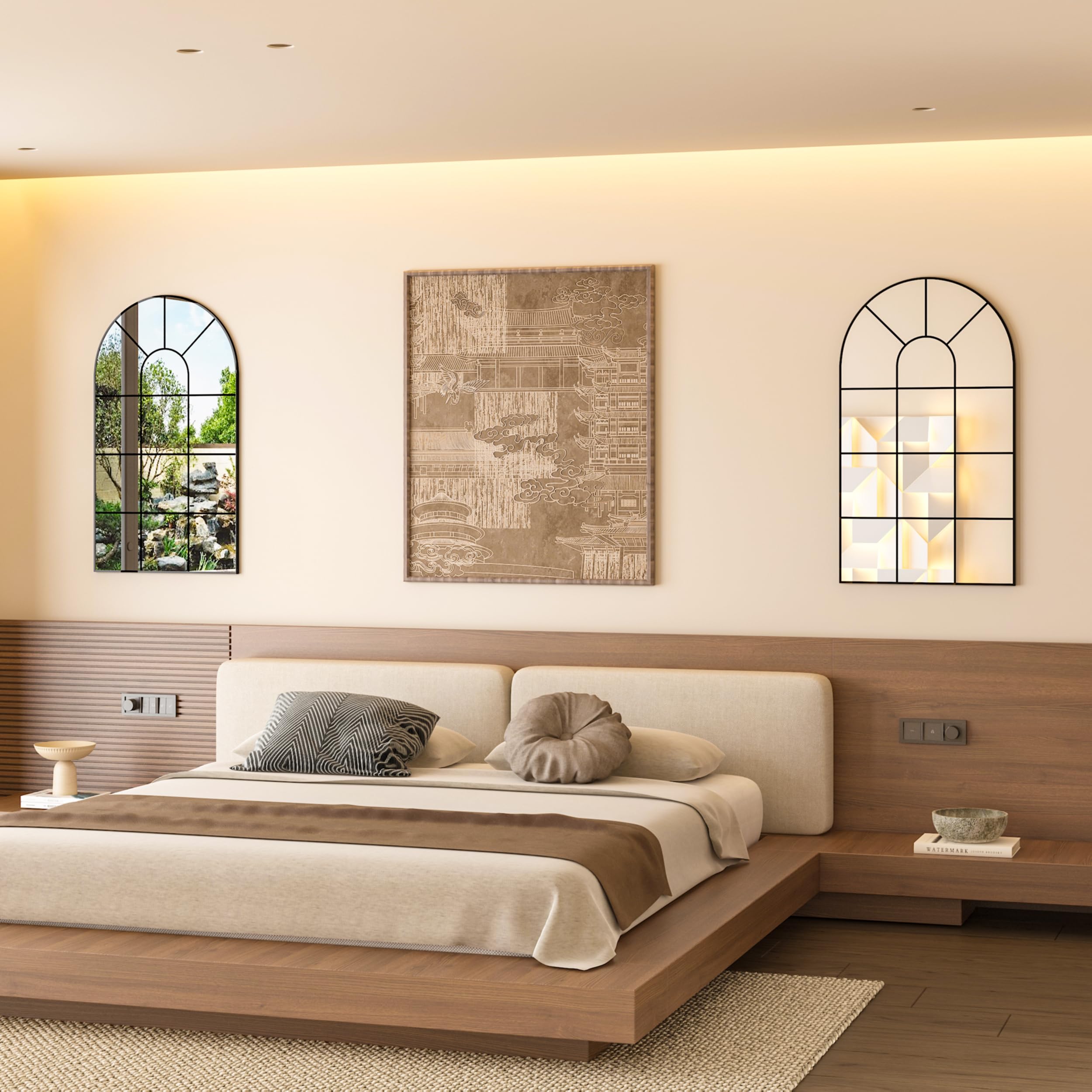 Gewölbte Fenster Wandspiegel, 80x50cm, dekorativer Spiegel, Eitelkeitsspiegel für Badezimmer, Schlafzimmer, Wohnzimmer, Fensterscheibe Spiegel, Bauernhaus Spiegel für Wand Dekor, Schwarz