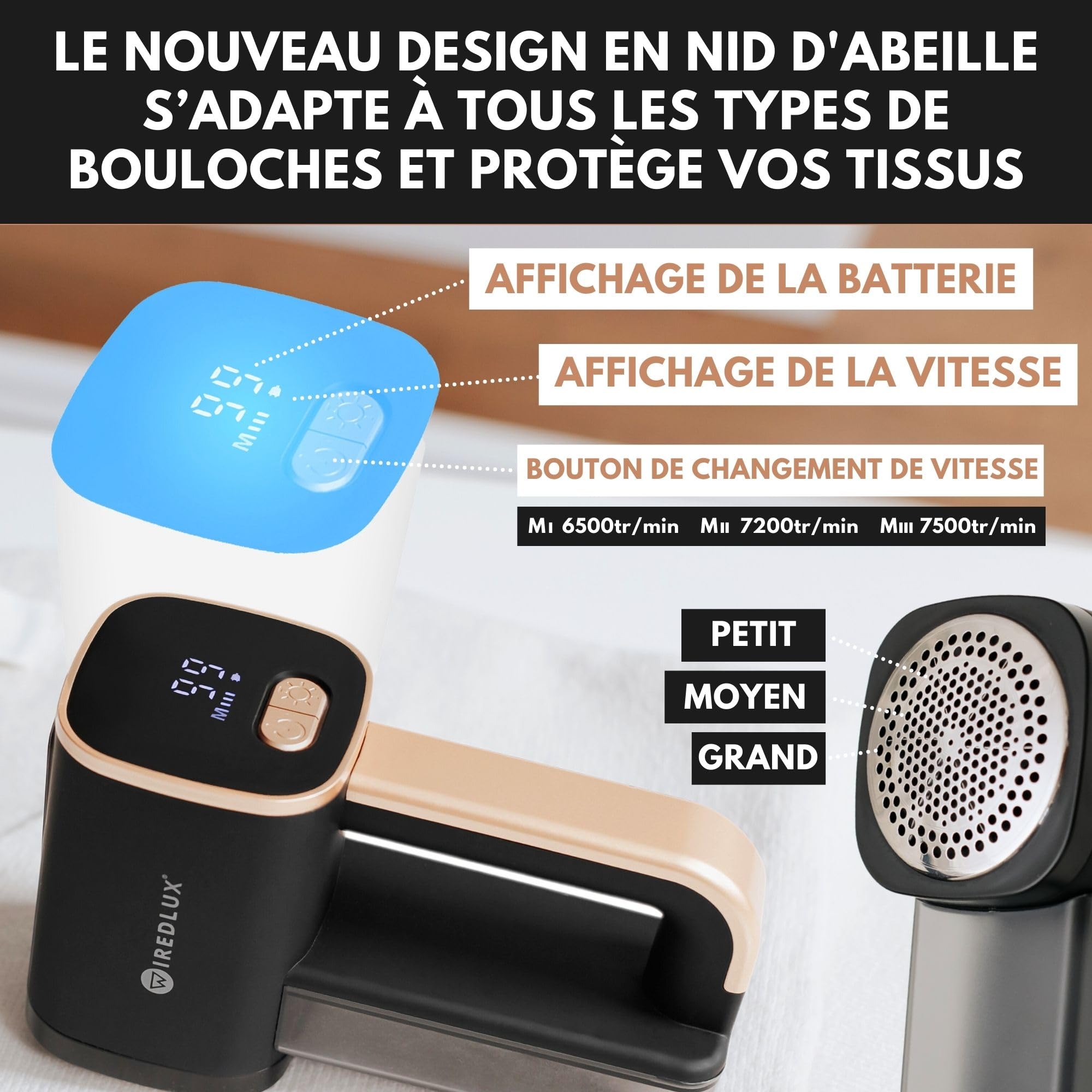Rasoir Anti-Bouloche Électrique WiredLux - Déboulocheur Rechargeable pour enlever Les Peluches sur Vêtement & Meuble - Appareil Coupe Peluche à 3 Vitesses, Lumière LED, Dual Protection (Noir/Or)