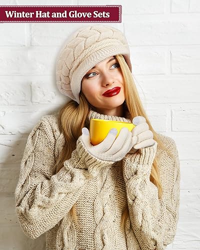 Miniatura 6 de Juego de 4 gorros y guantes de invierno para mujer, gorro de punto cálido, gorro, guante, nieve, esquí, calavera, gorra con visera y guante de