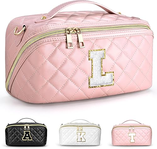 TOPEAST Bolsa de maquillaje acolchada, bolsa de cosméticos de gran capacidad, bolsa organizadora de maquillaje inicial, Rosado, Large (4