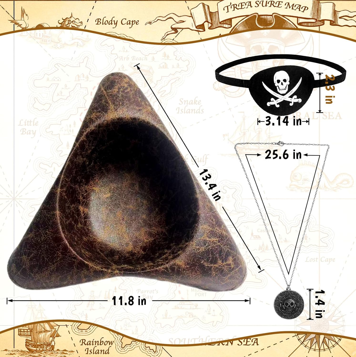 Pirate Hat Costome Accessories for Women Men - Faux Leather Pirate Hats for Woman, Eye Patch & Necklaces - Halloween Tricorn Hat Brown Vintage Wrinkle Distressed - Image 3